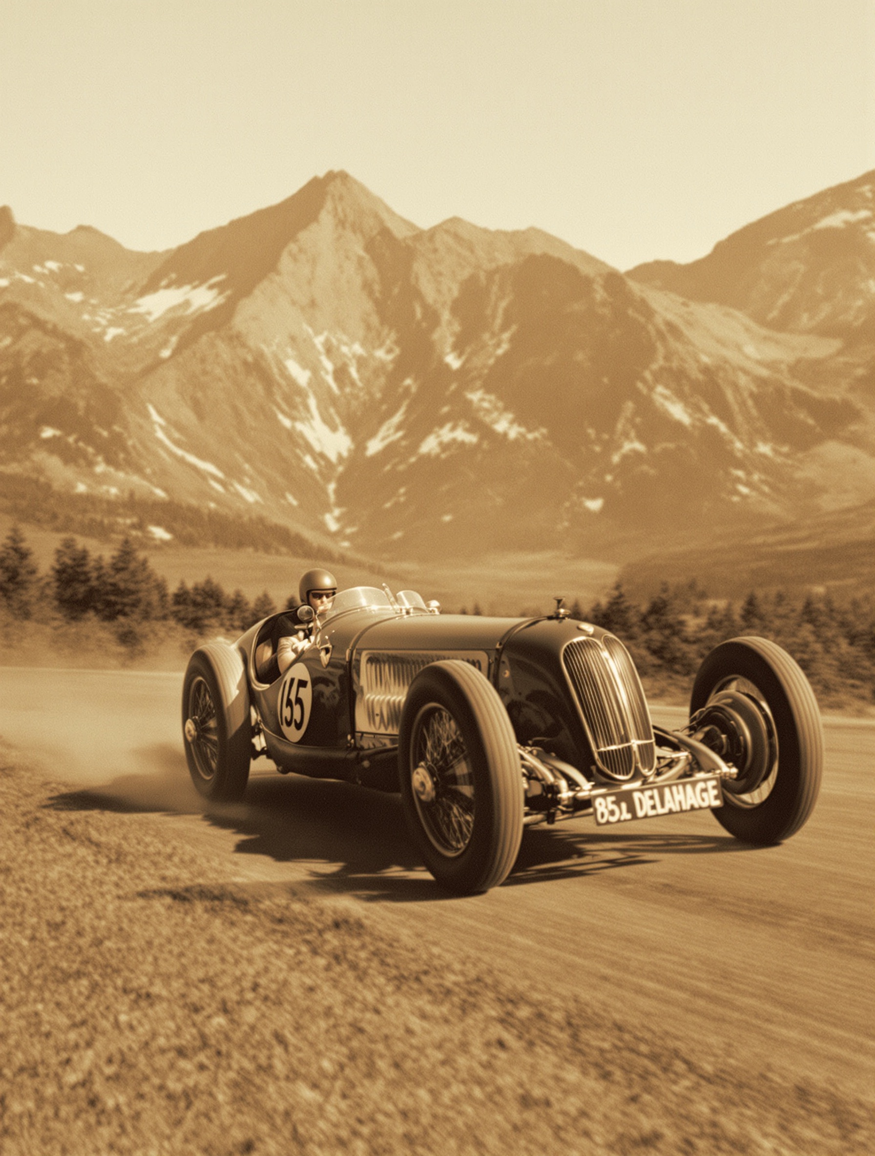 Delahaye Type 145 à l’attaque sur une course de côte historique, montagne en arrière-plan.
