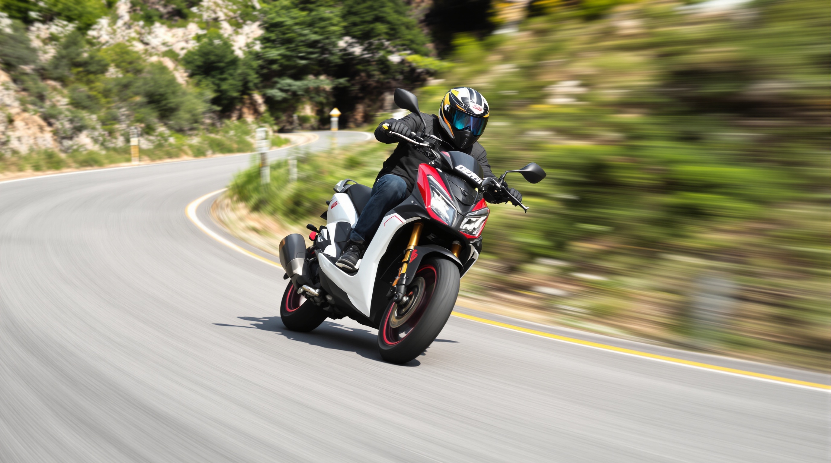 Derbi Senda DRD 50cc en action sur route sinueuse, design agressif emblématique