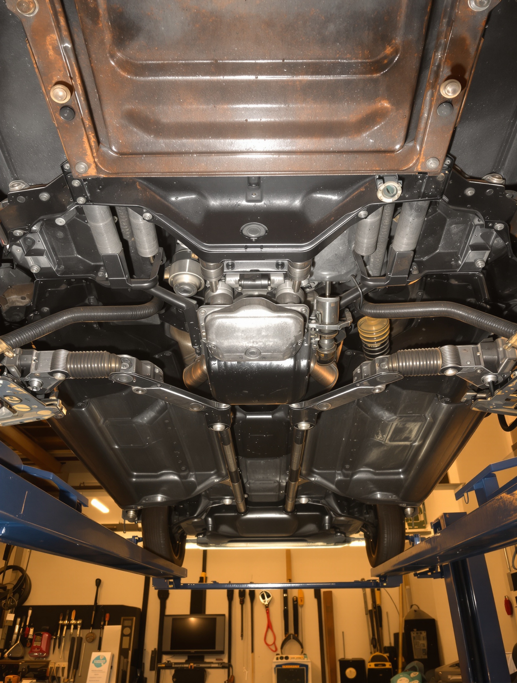 Châssis-plateforme séparé et barres de torsion Renault 4L vue d'atelier.