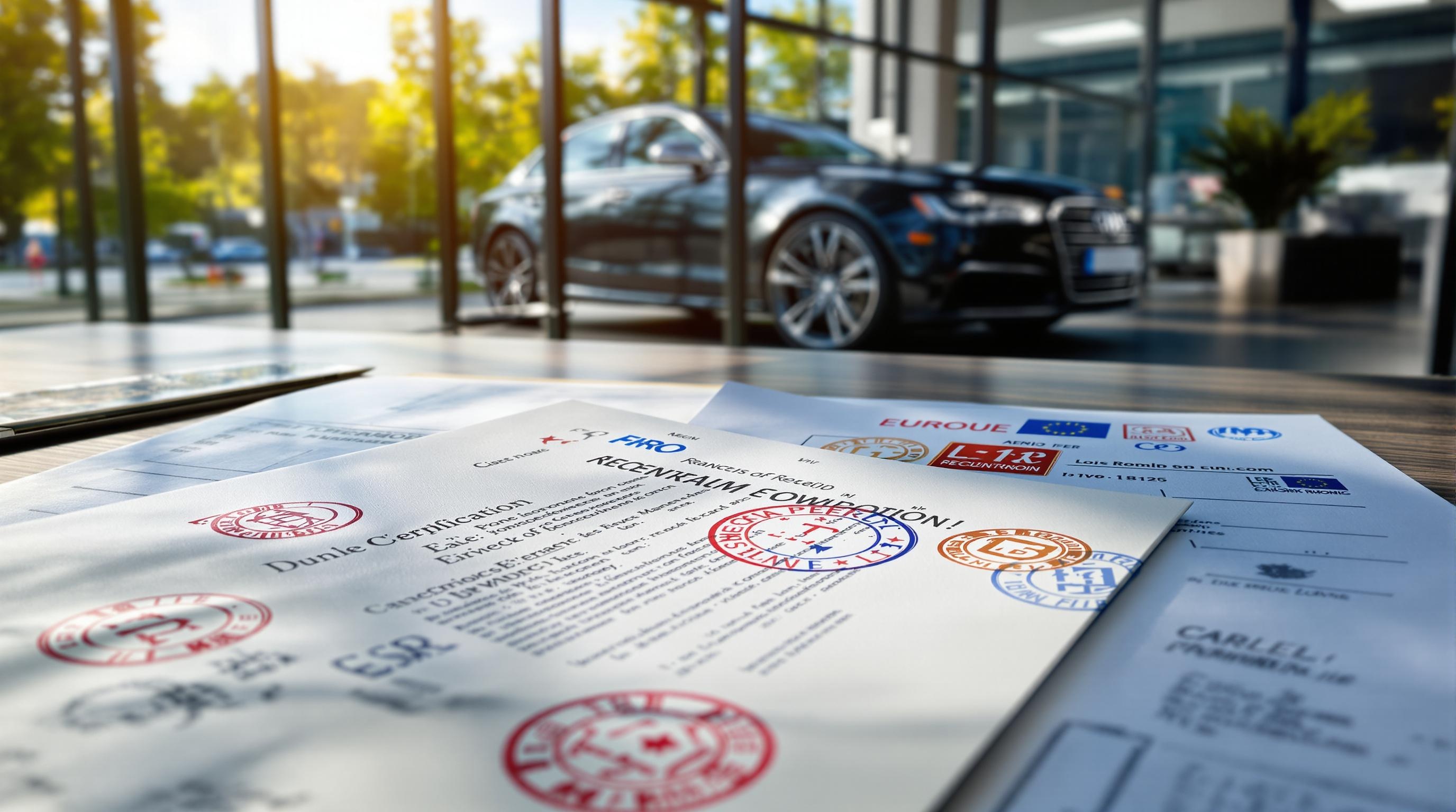 Certificat de conformité européen avec voiture moderne, ambiance administrative dynamique