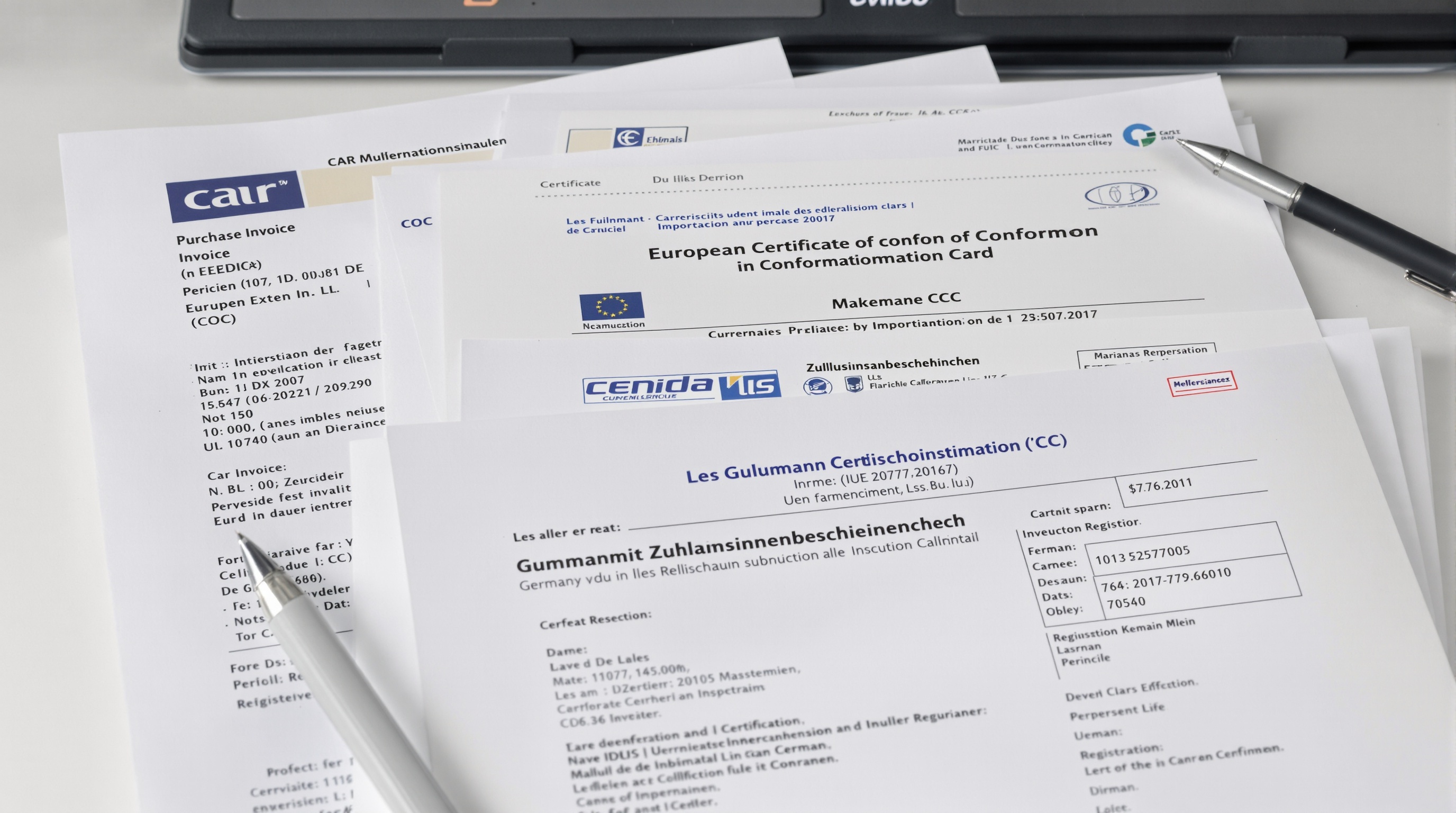 Un dossier d'importation de voiture avec des documents comme la facture d'achat, le certificat de conformité (COC) et la carte grise allemande. L'image est focalisée sur l'organisation des papiers essentiels pour l'immatriculation d'un véhicule importé d'Allemagne, symbolisant la complexité mais aussi la clarté nécessaire pour réussir cette démarche.