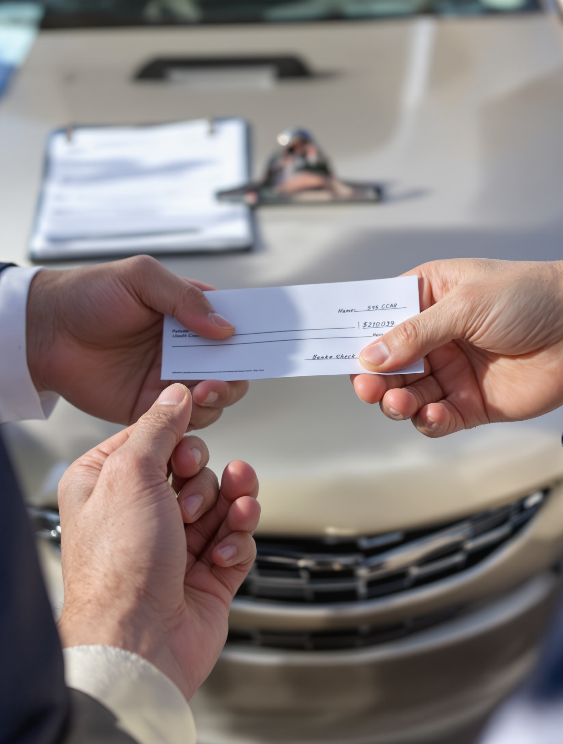 Échange de chèque de banque devant une voiture d’occasion.