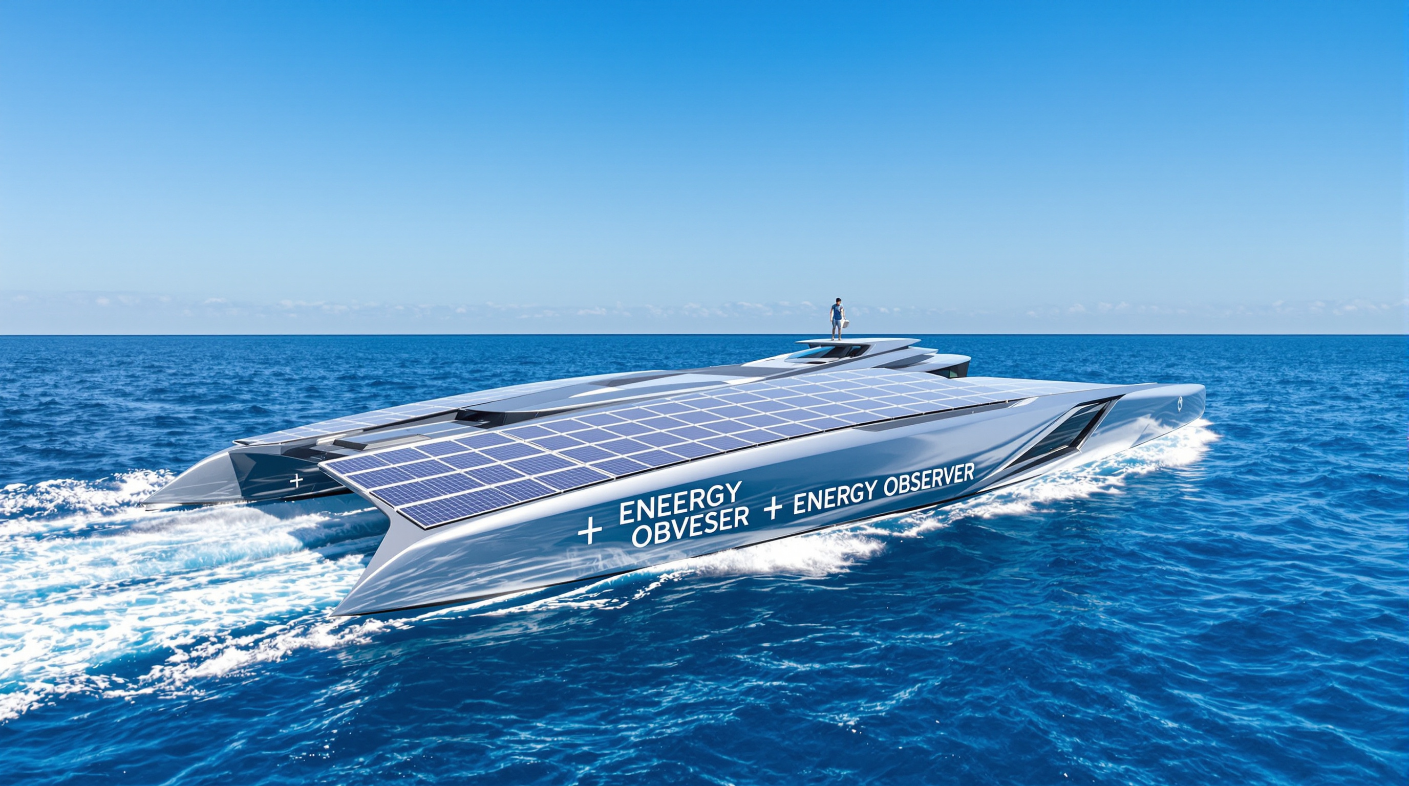 Le maxi-catamaran Energy Observer fend la mer, bardé de panneaux solaires et affichant son design avant-gardiste : symbole du pionnier hydrogène.