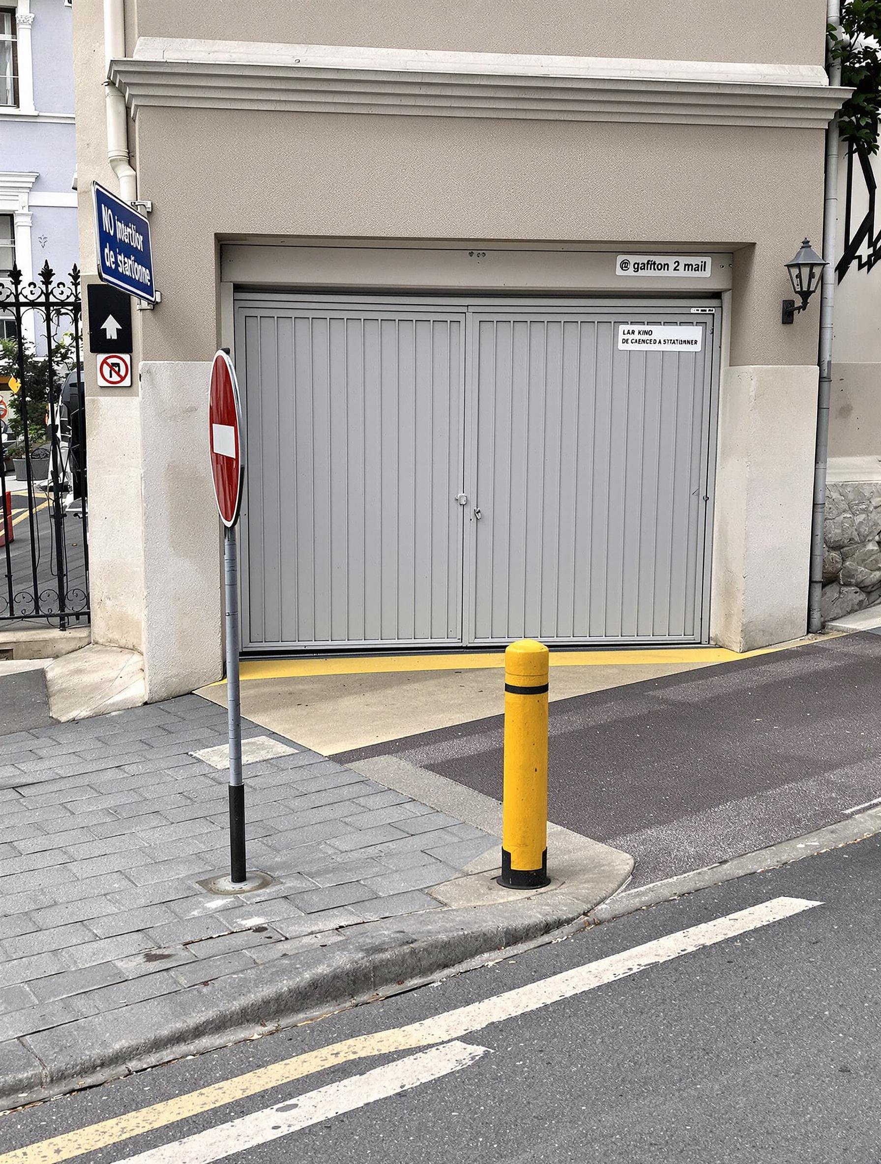 Entrée carrossable en ville, vue d’un trottoir abaissé (bateau), panneau d’interdiction de stationner, portail de garage visible, environnement urbain français