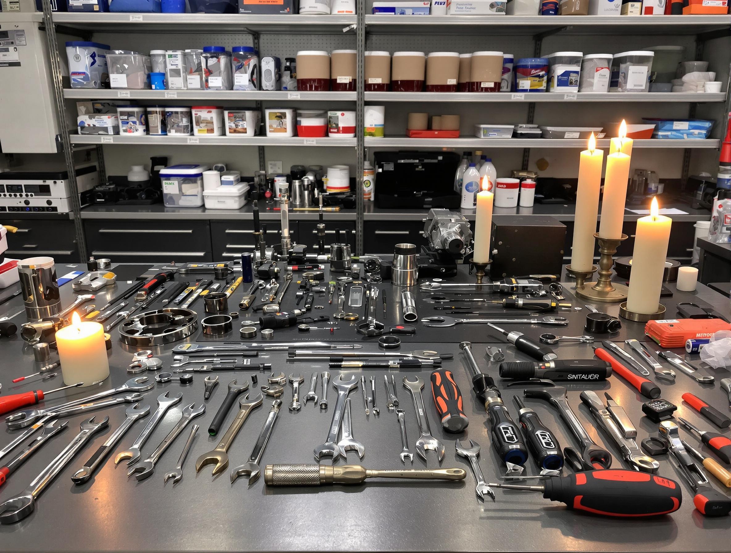 Une photographie nette montrant un établi organisé avec des outils professionnels et des chandelles en action, illustrant l'environnement sécurisé idéal pour le remplacement d'une boîte de vitesses.