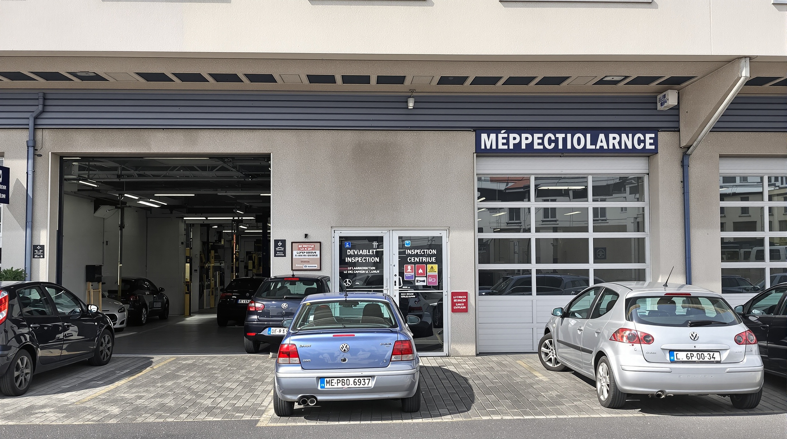 Façade d’un garage auto typique enseigne voitures garées