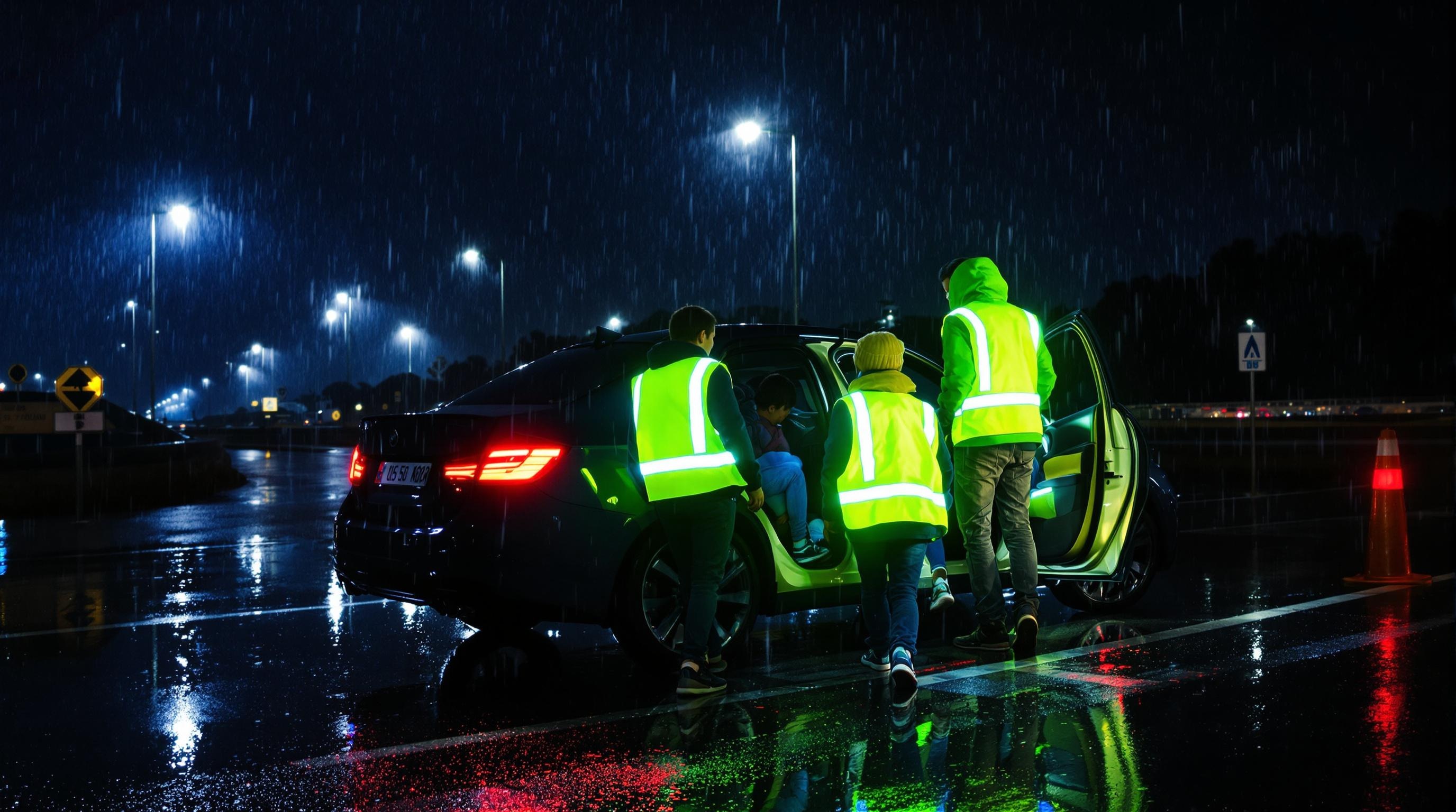 Famille équipée sortant du véhicule avec des gilets jaunes haute visibilité