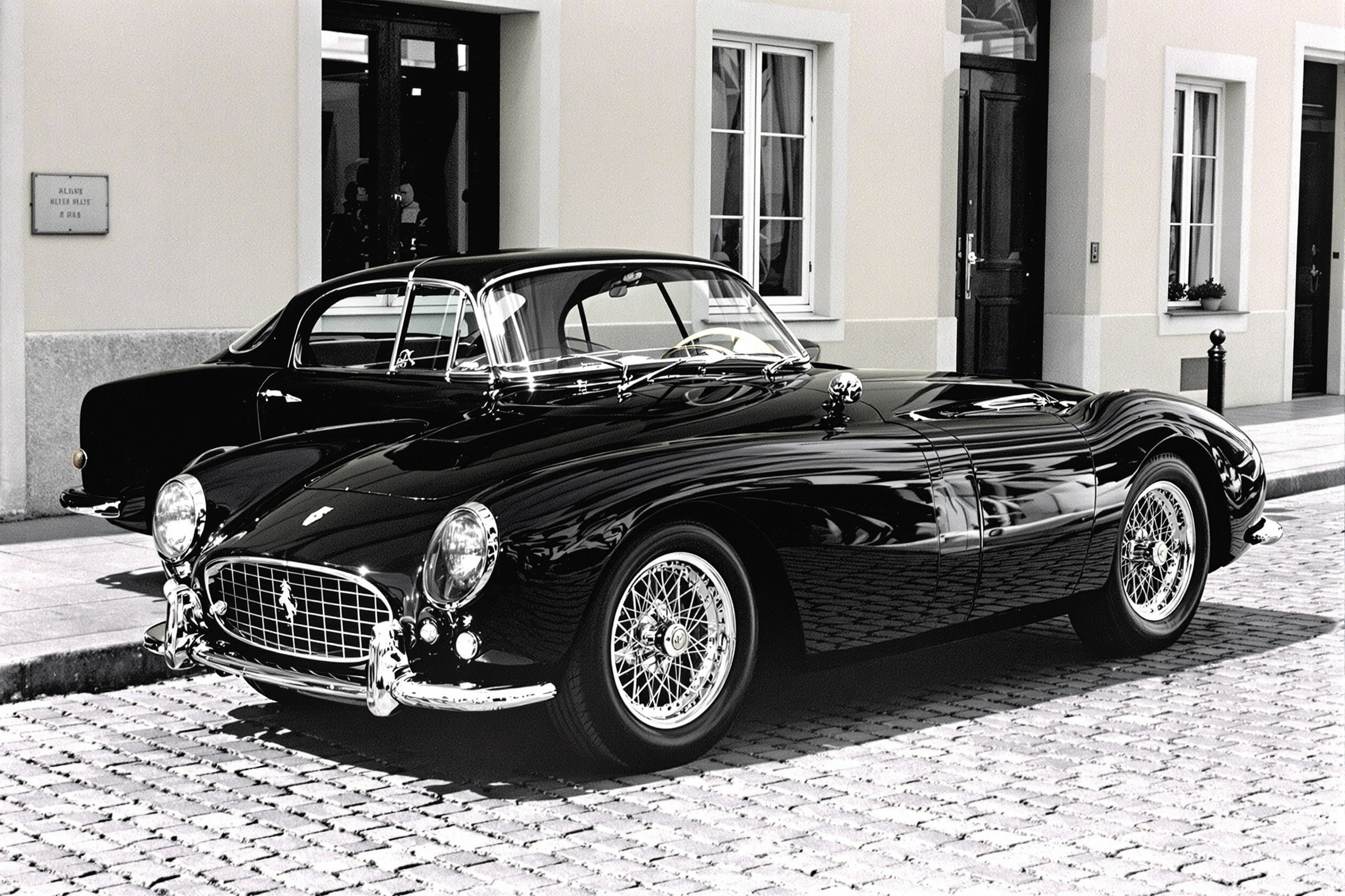 Photographie d'époque de la Ferrari 250 GT 2+2, montrant ses lignes classiques et élégantes, symbole de la naissance des Ferrari familiales.