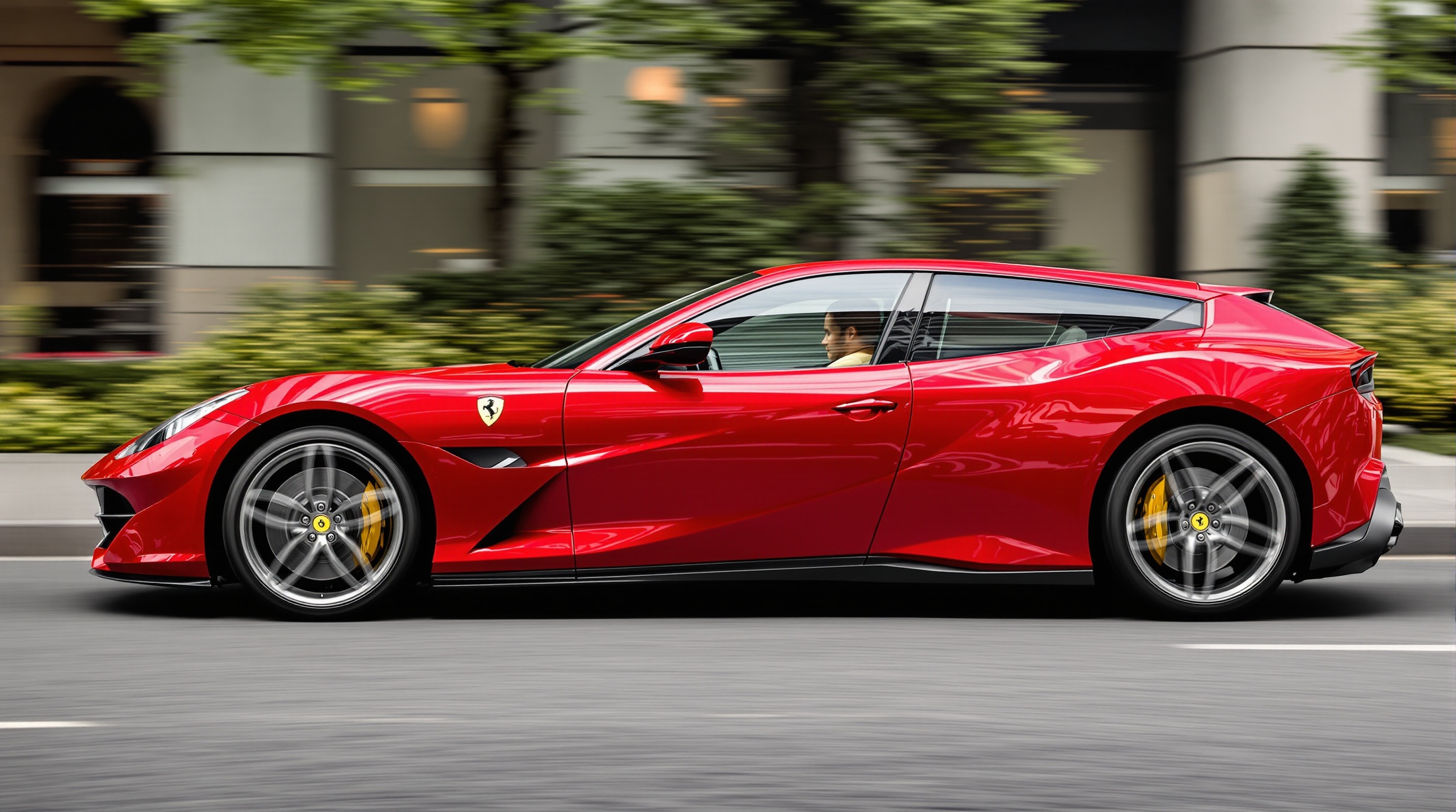 Vue latérale dynamique de la Ferrari GTC4Lusso, mettant en valeur sa silhouette de break de chasse élancée et sportive