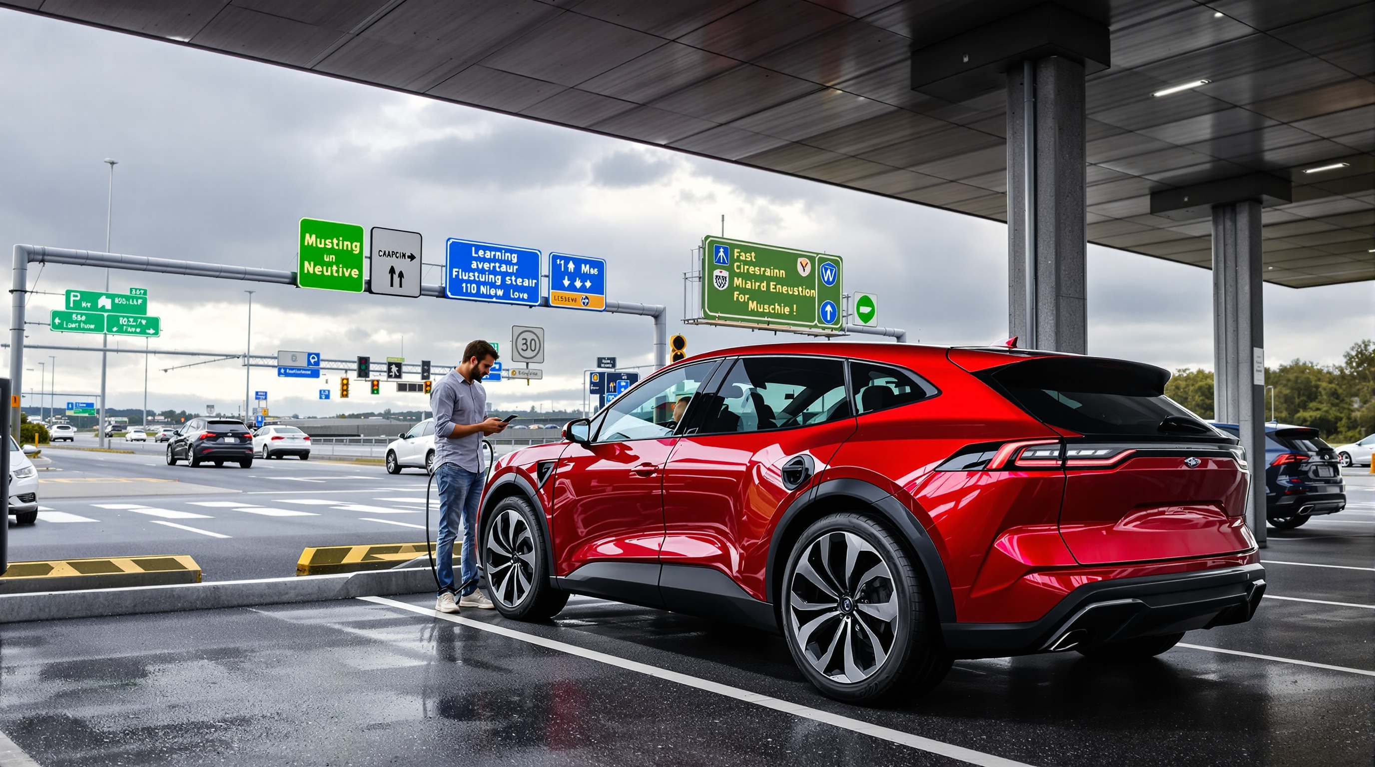 Ford Mustang Mach-E rouge recharge borne rapide autoroute ciel nuageux