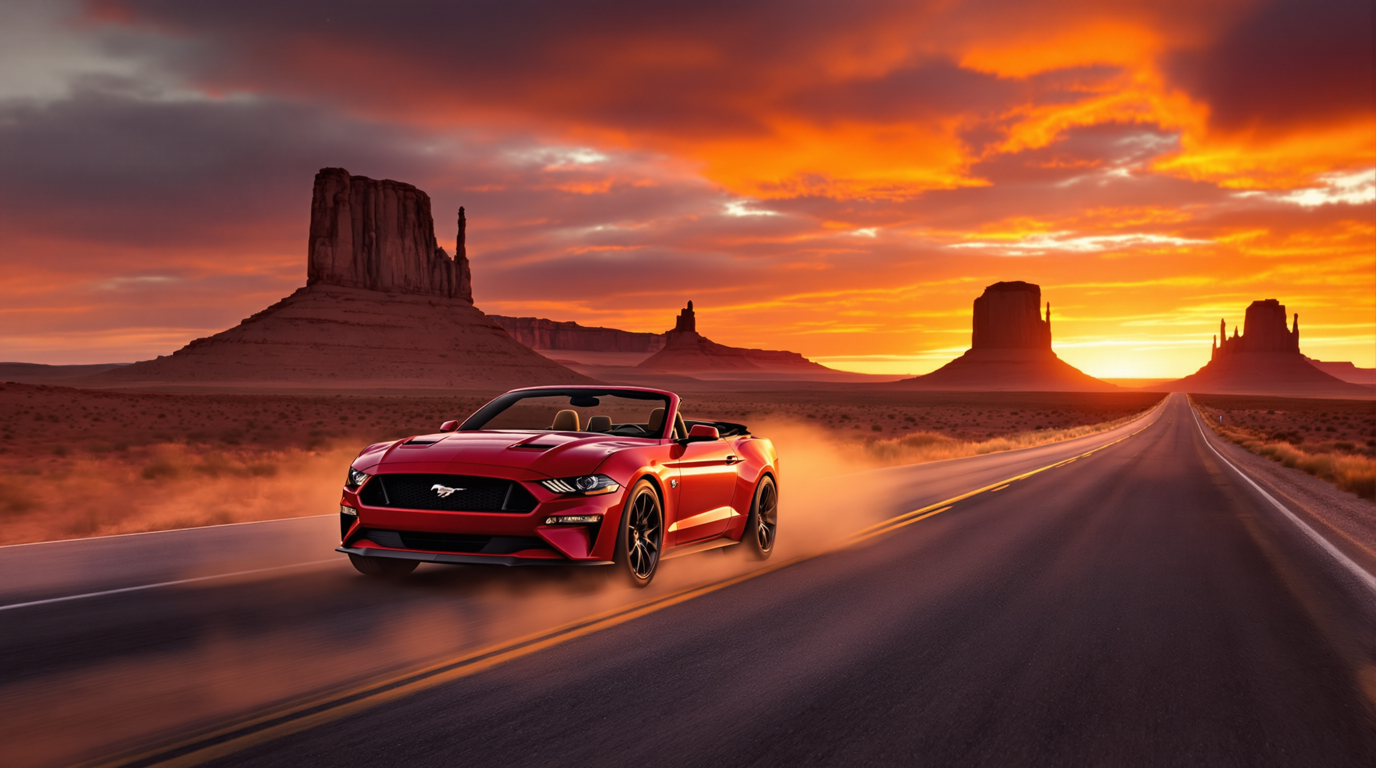 Ford Mustang Cabriolet rouge roulant à Monument Valley au coucher du soleil