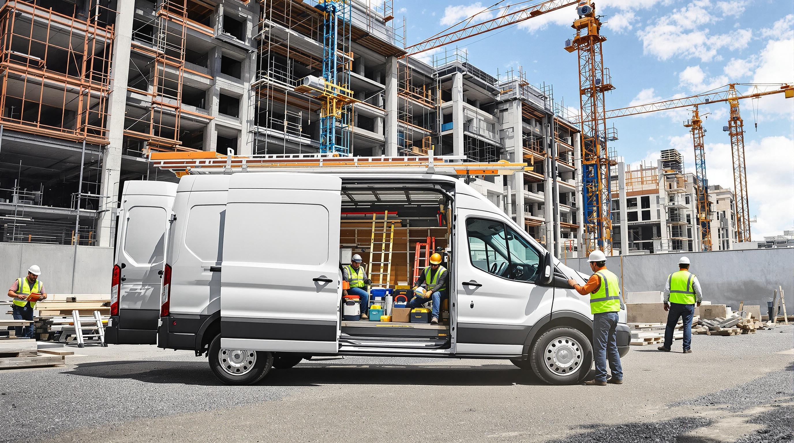 Ford Transit utilitaire chargé sur un chantier