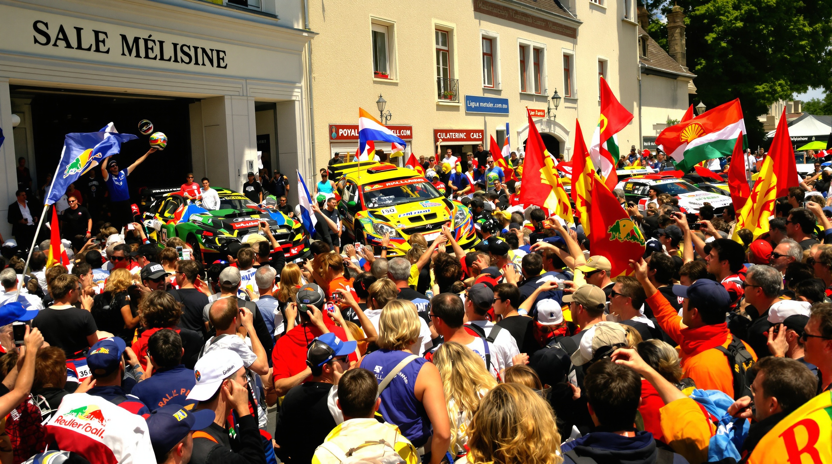 Foule passionnée devant la Salle Mélusine à Bonnétable lors des vérifications du Rallye du Mans