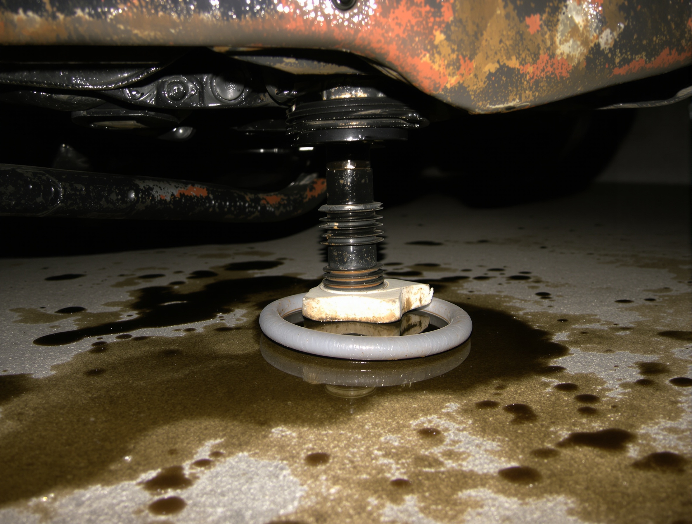 Fuite d'huile sous une VSP dûe à un vieux joint mal remonté après vidange, ambiance atelier amateur
