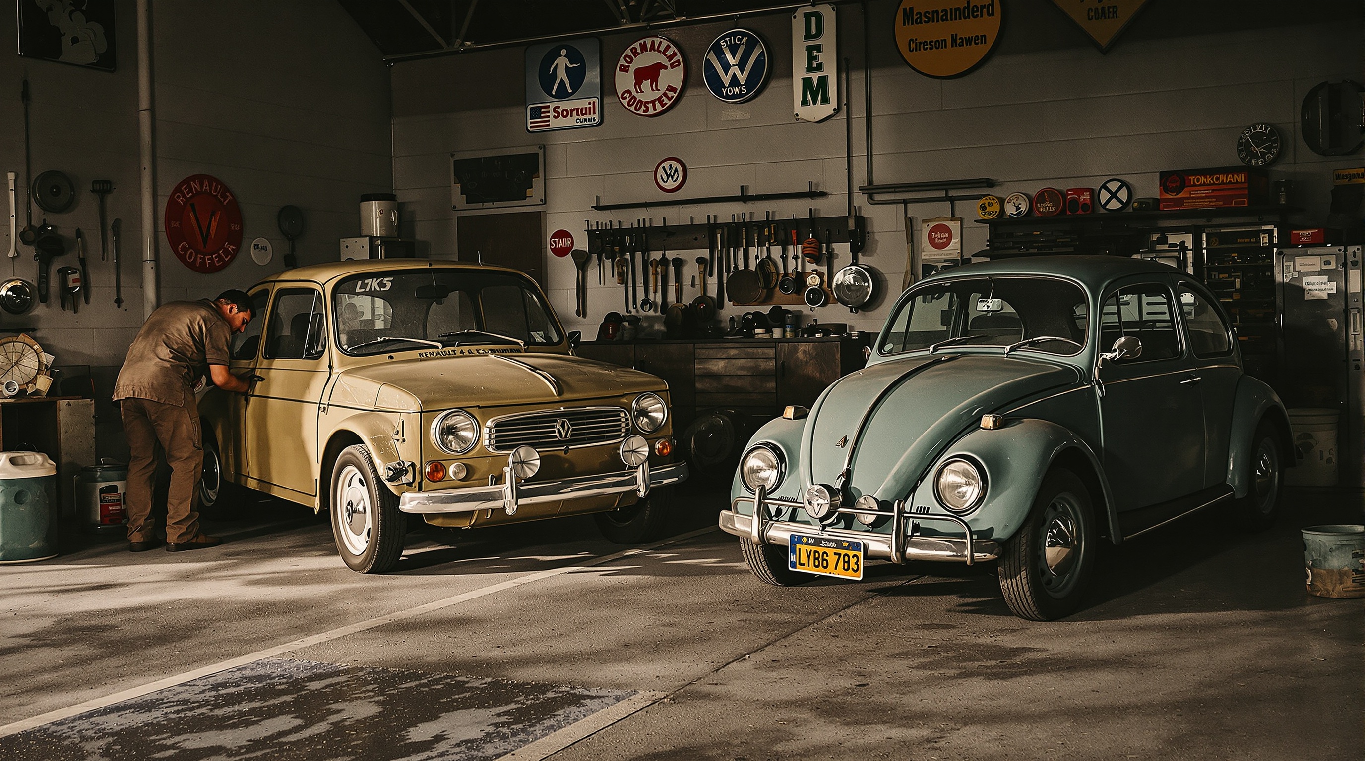 Garage authentique Renault 4 Clan et Volkswagen Coccinelle années 80