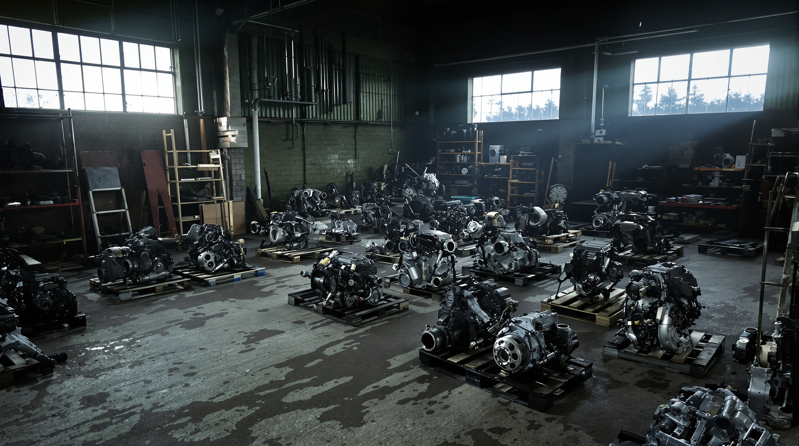 Garage Peugeot sombre bourré de pièces détachées et transmissions sur palette pour swap fou