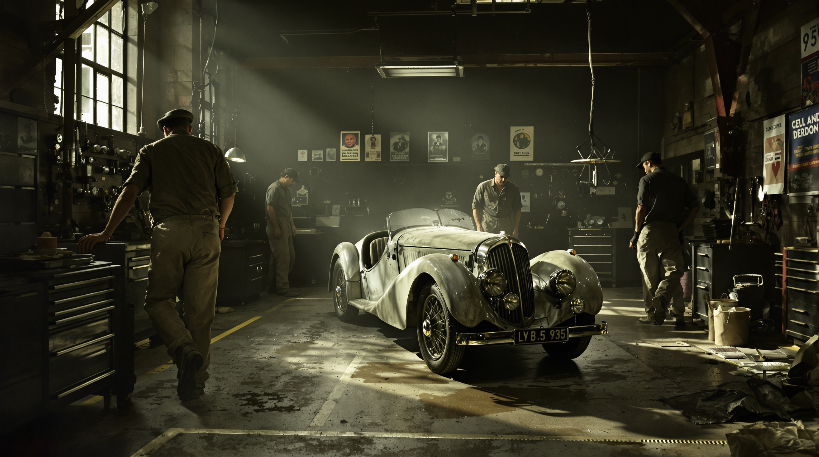 Ambiance garage d'après-guerre Delahaye 235 poussiéreuse ouvriers fatigués