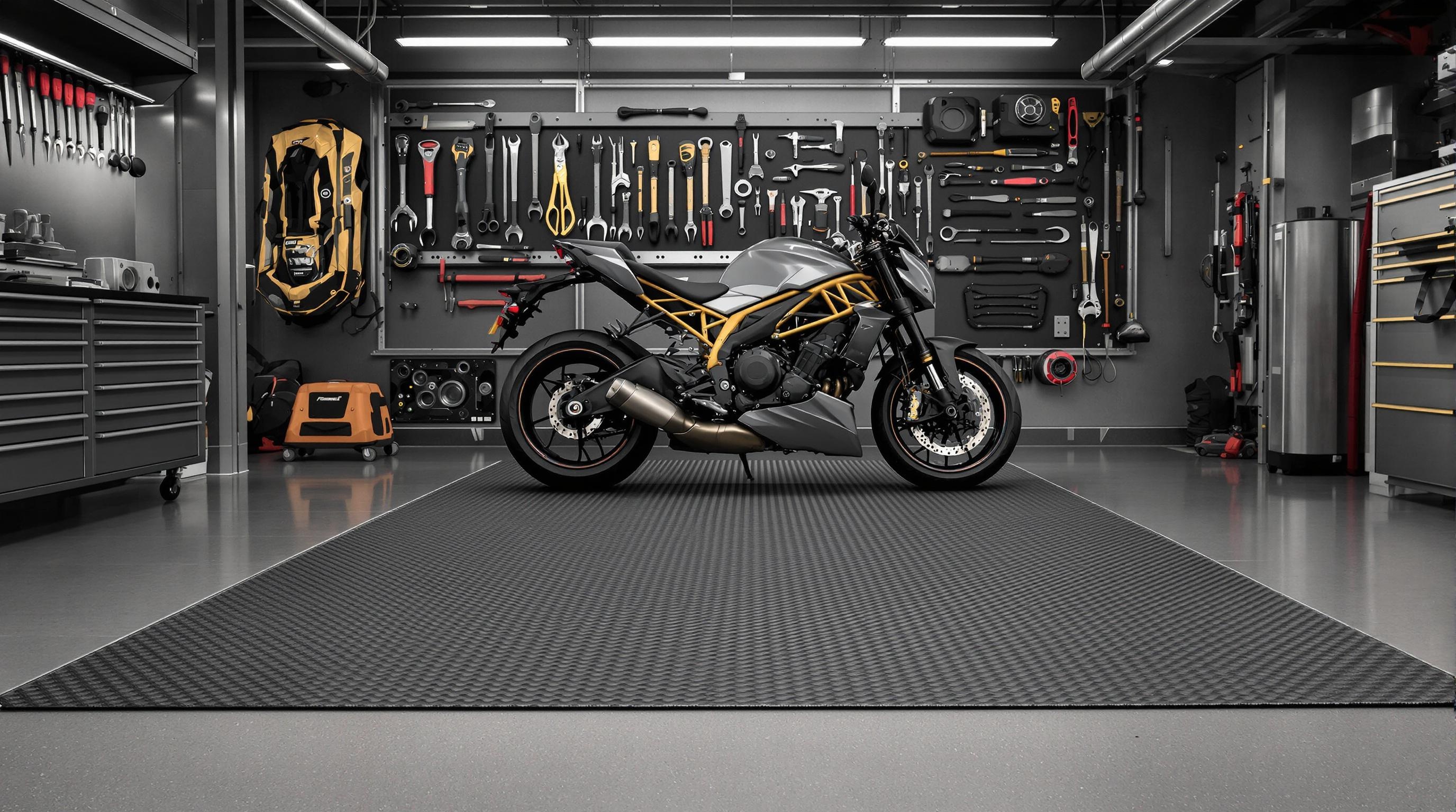 Tapis environnemental sous moto sportive en garage moderne
