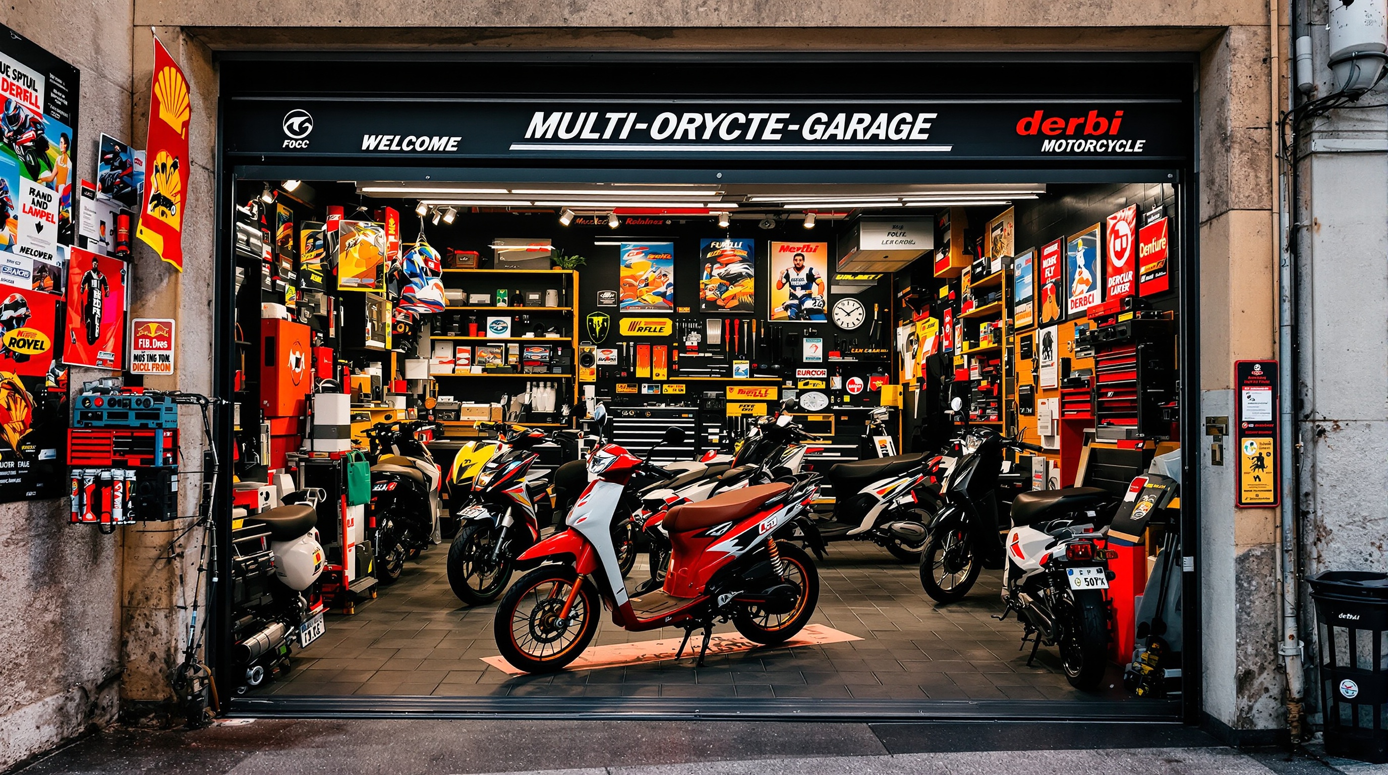 garage multimarques accueillant motos 50cc type Derbi ambiance mécanique authentique
