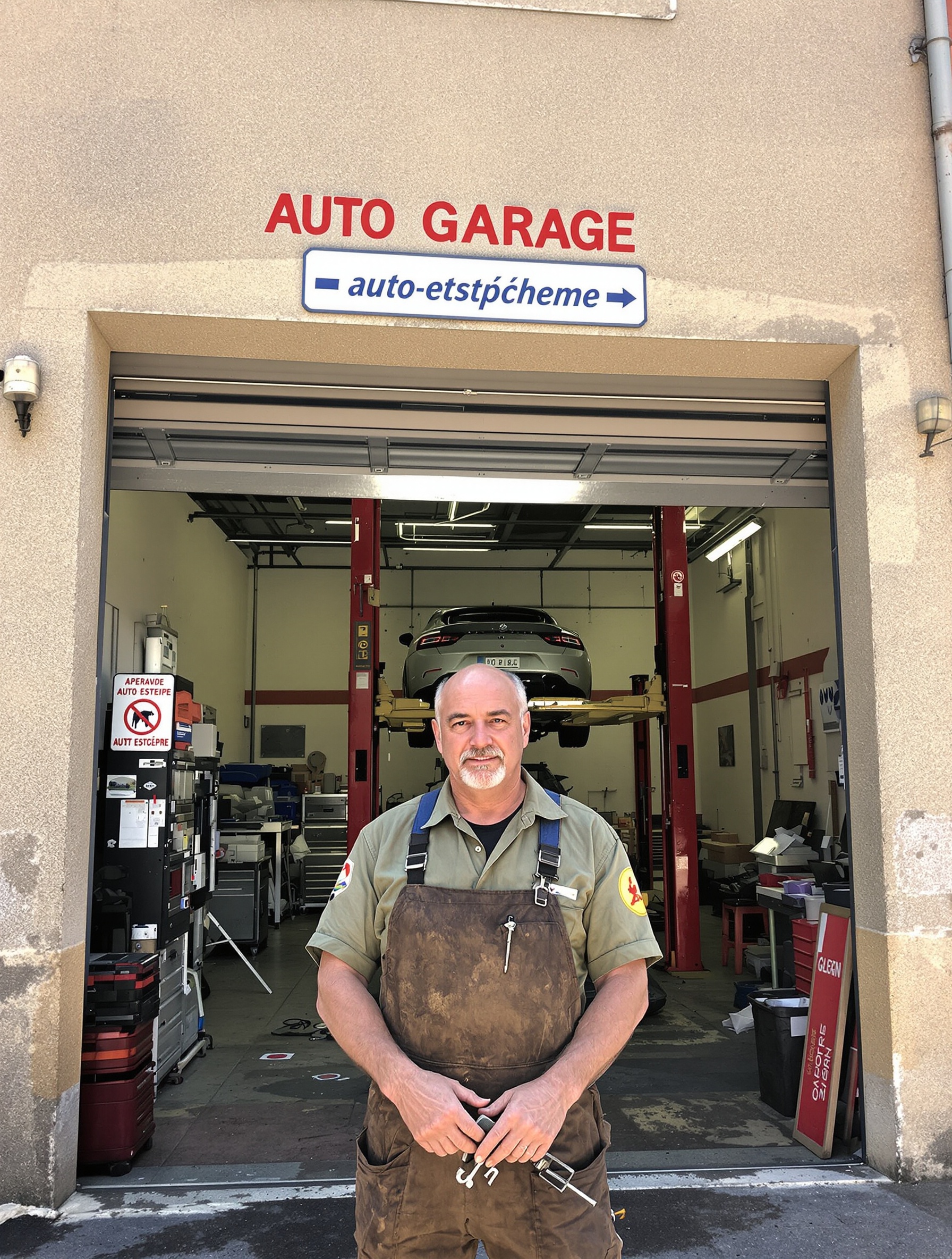 Façade authentique du garage READ AUTO à Saint-Estèphe avec le patron devant
