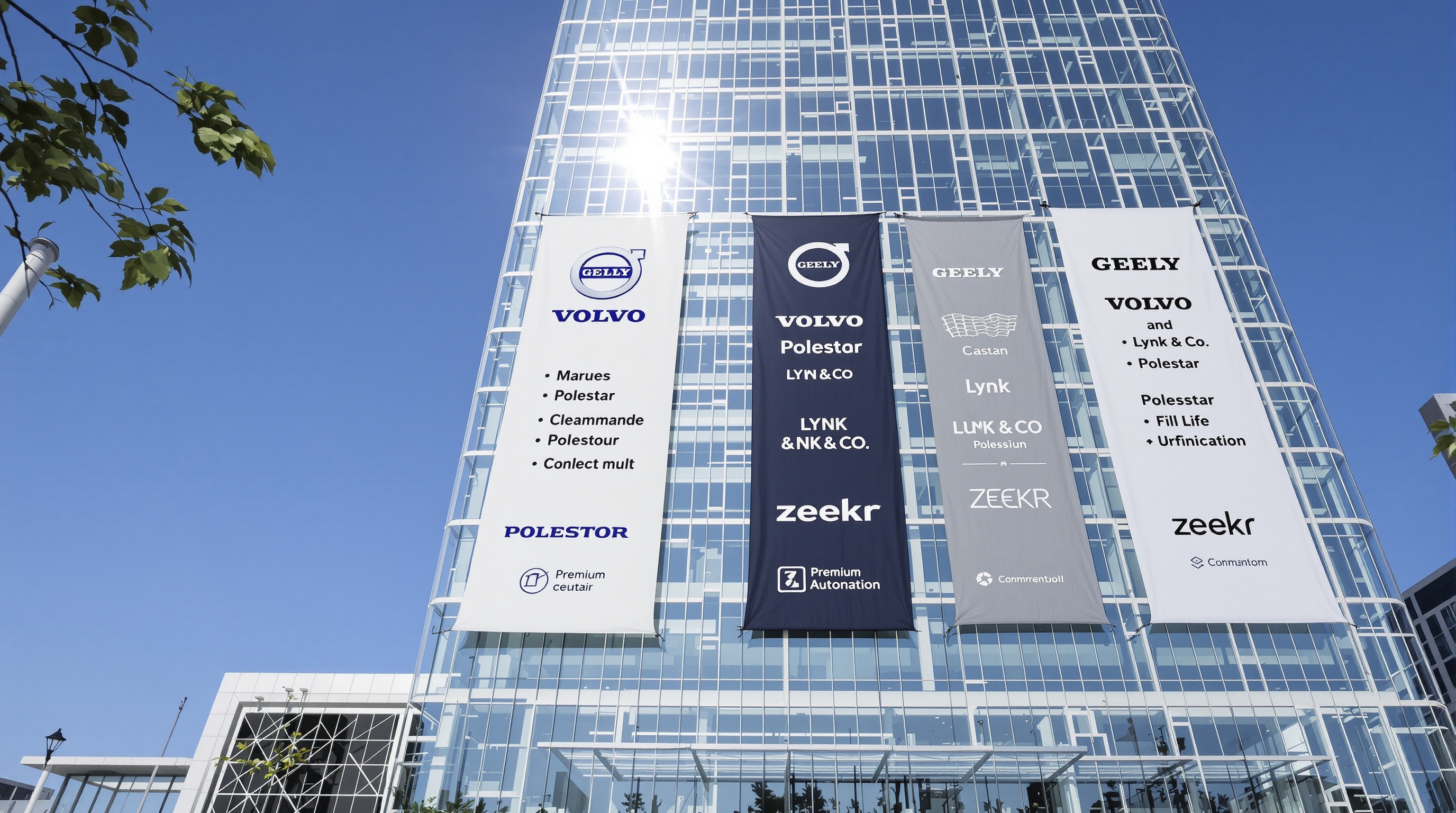 Siège social du groupe Geely avec bannières Volvo Polestar Lynk & Co Zeekr