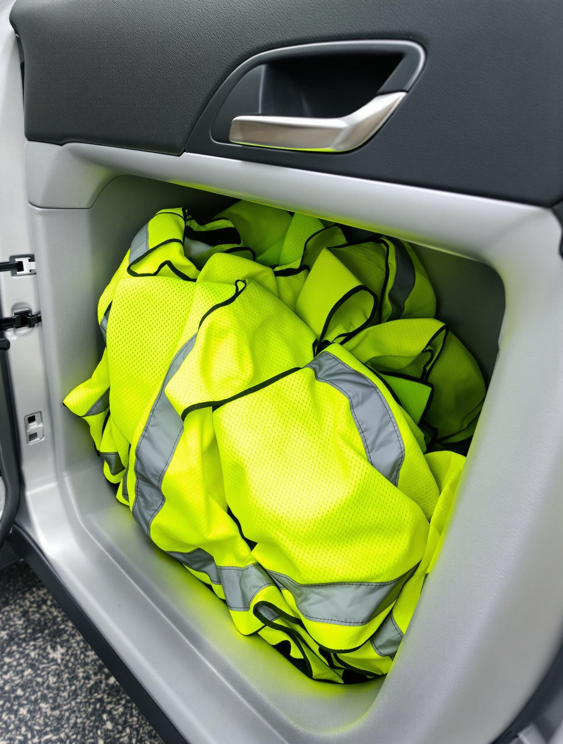 Gilets jaunes haute visibilité rangés dans la portière d’une voiture moderne