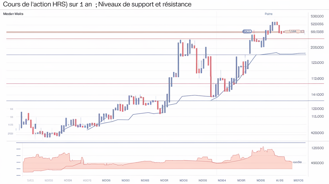 Graphique du cours de l'action HRS sur un an montrant supports et résistances