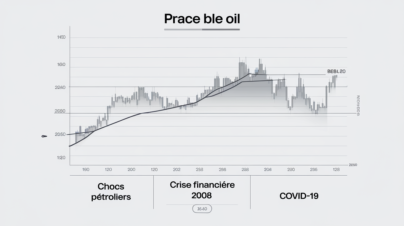 Graphique historique du prix du baril de pétrole, illustrant les pics spectaculaires lors des chocs pétroliers, de la crise de 2008 et la chute durant la pandémie de COVID-19.