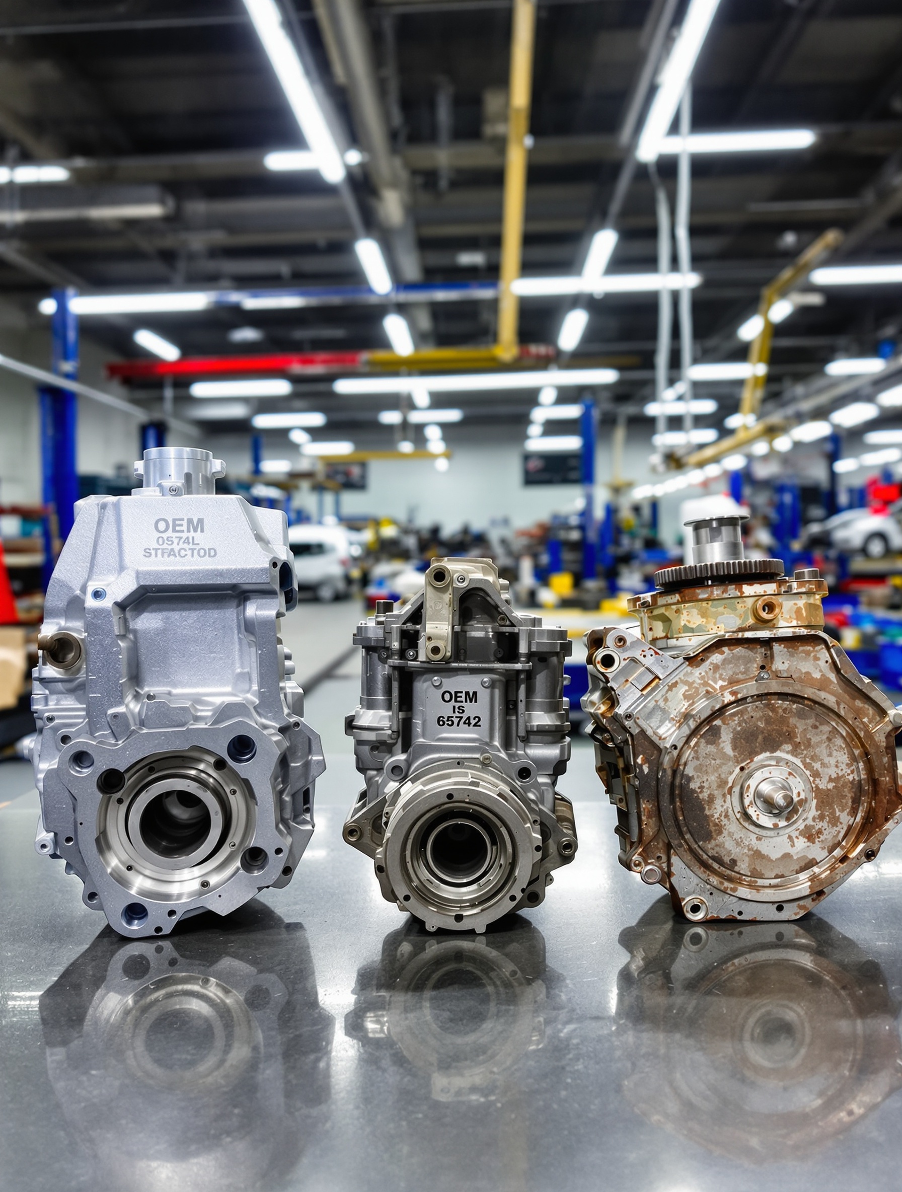 Comparatif entre une boîte de vitesses OEM neuve, une pièce usagée et une pièce adaptable générique dans un atelier mécanique.