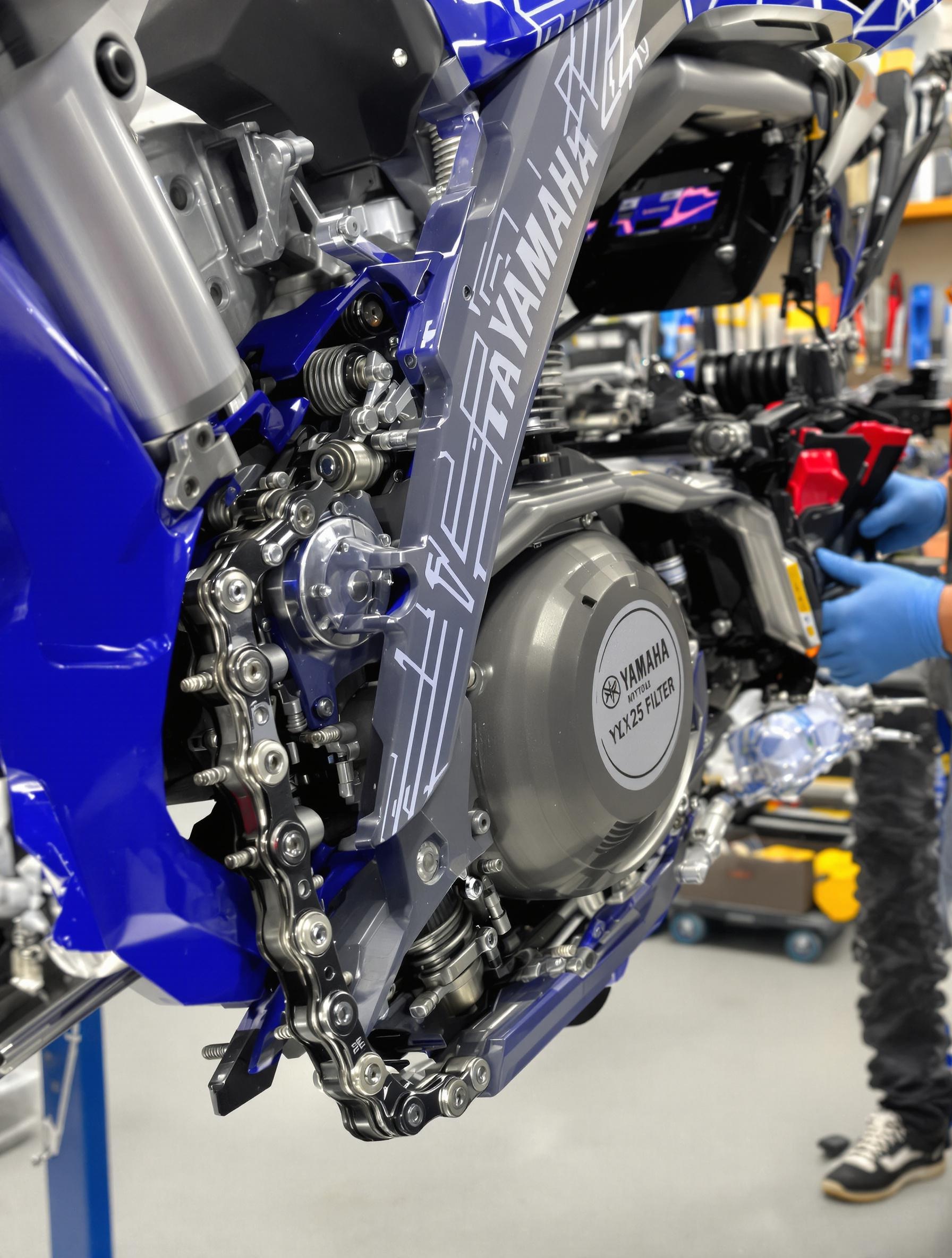 Atelier d'entretien pour la YZ125 2025 avec filtre, chaîne et outils