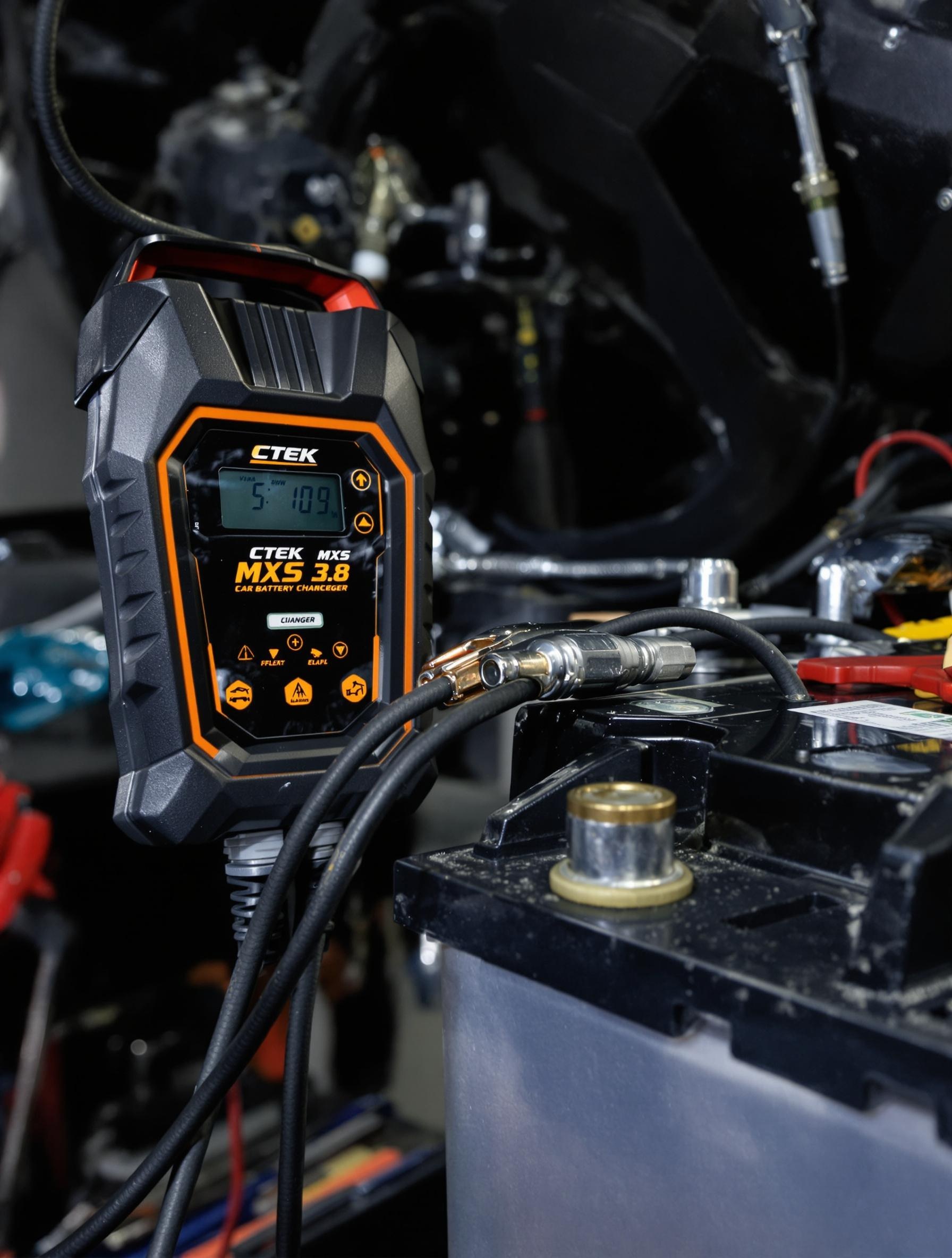 CTEK MXS 3.8 branché sur batterie auto dans atelier