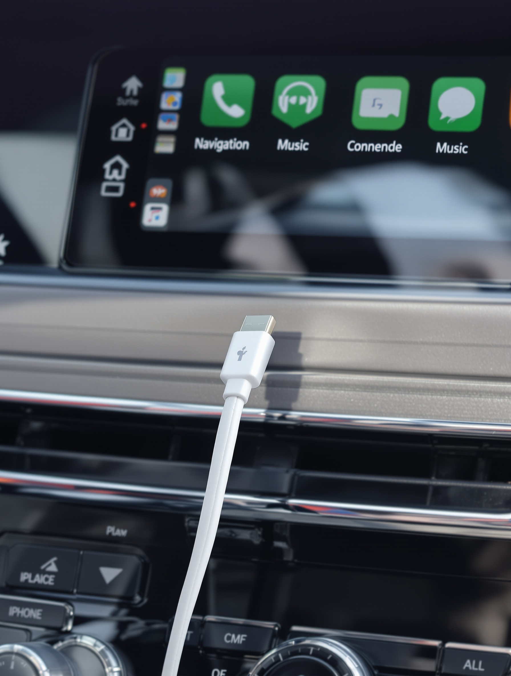 Gros plan sur un iPhone relié à l'écran d'une voiture via un câble USB Lightning, illustrant la connexion filaire classique pour Apple CarPlay, assurant une connexion stable pour la navigation et la musique.