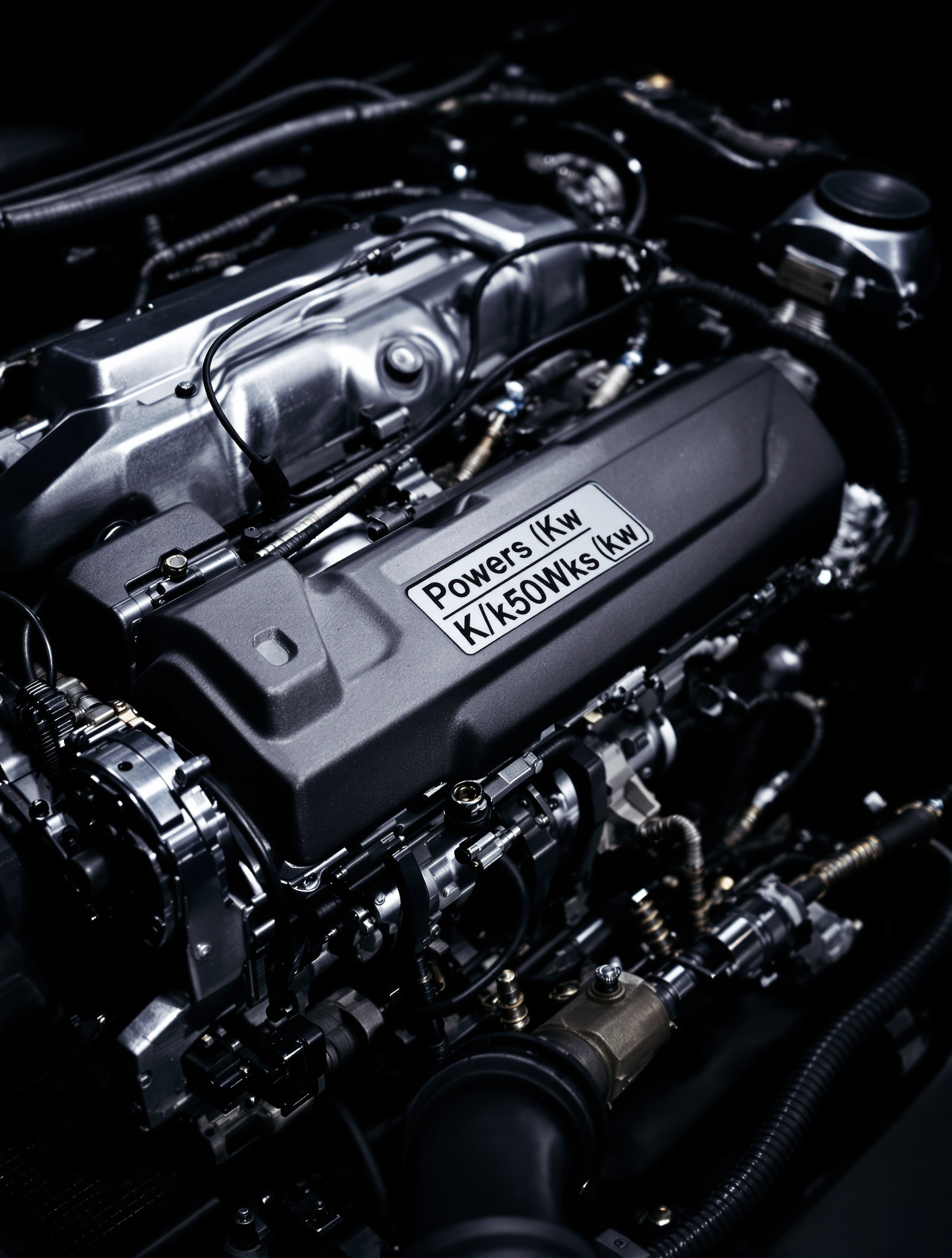 Gros plan sur un moteur automobile moderne dont la puissance en kW est clairement visible sur une plaque signalétique, symbolisant la maîtrise de la conversion de puissance.