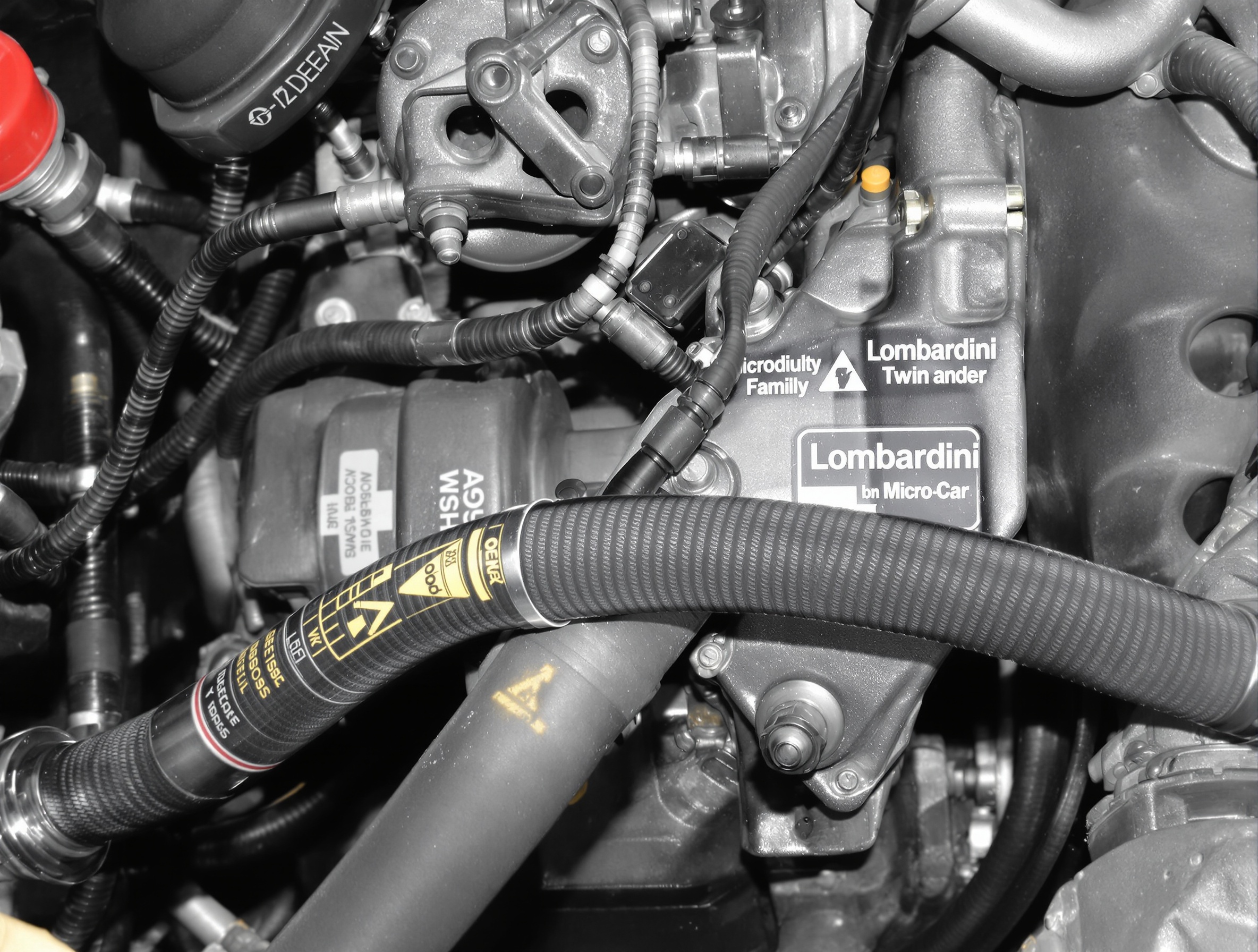 Gros plan moteur Lombardini Microcar M.Go Family variateur courroie point contrôle
