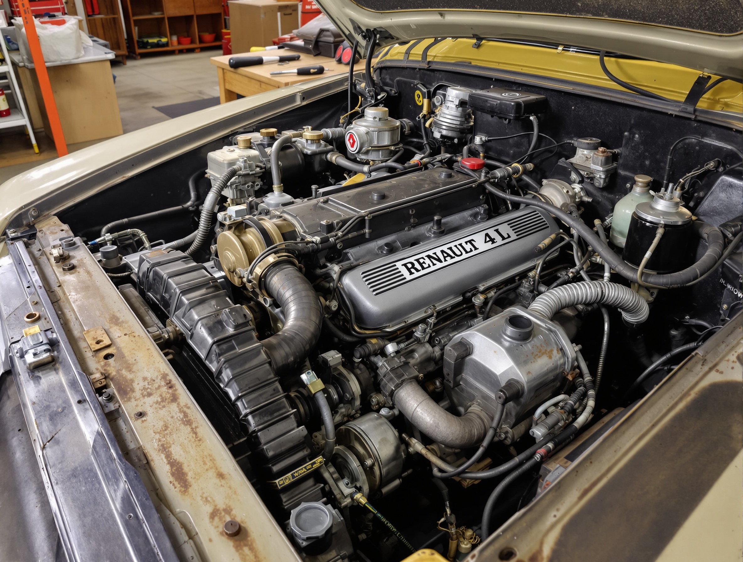 Gros plan moteur Billancourt Renault 4 GTL capot ouvert atelier rétro.