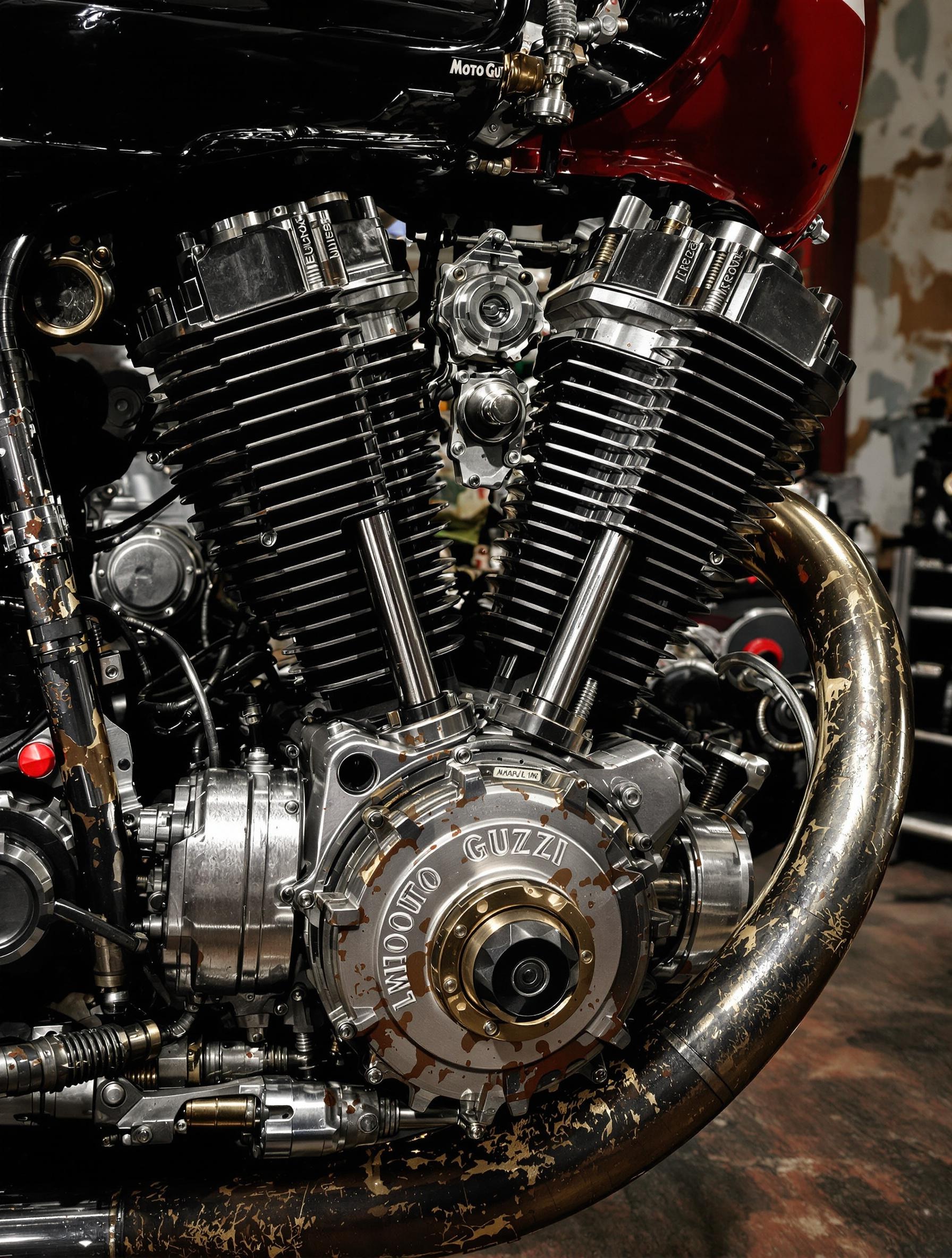 Gros plan moteur bicylindre en V Moto Guzzi atelier italien ambiance brute