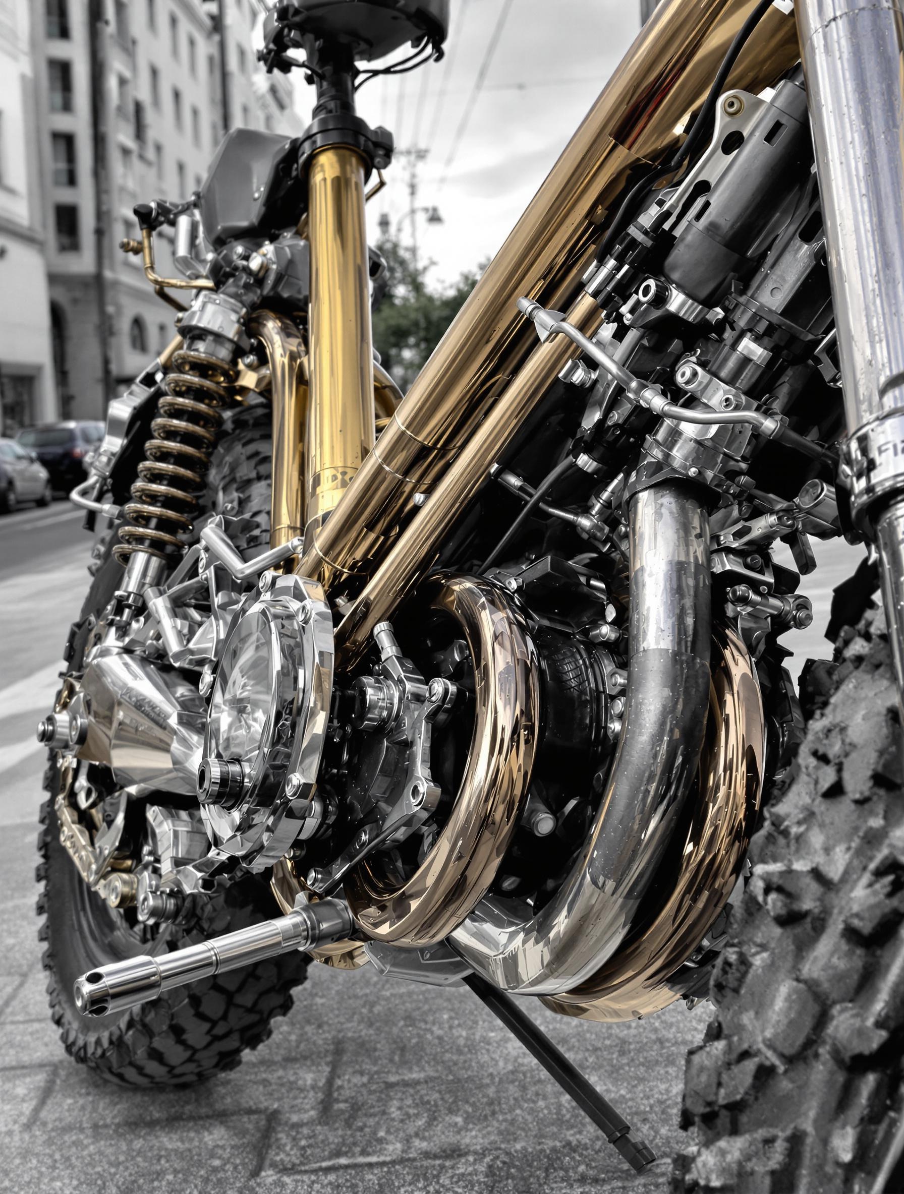 Moto d’occasion préparée pour vente, cadre brillant, chaîne graissée, pneus crampon propres