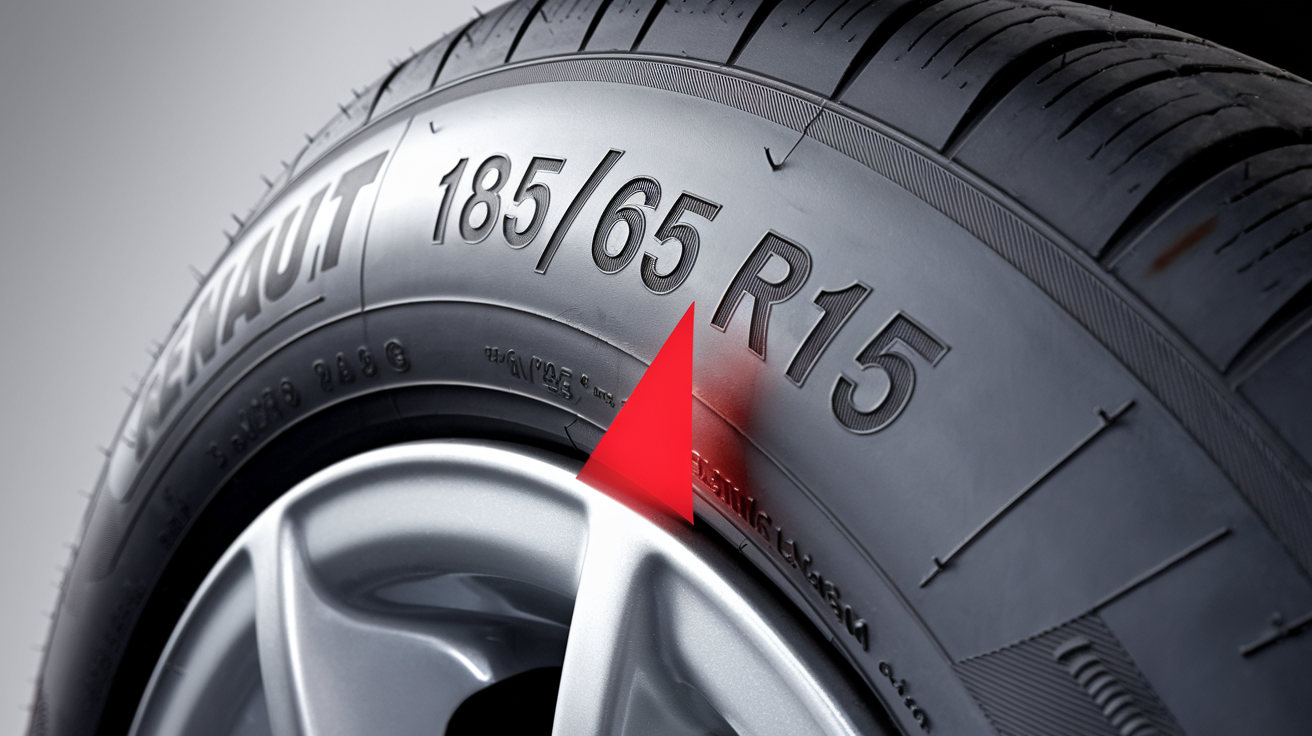 Gros plan sur le flanc d'un pneu Renault avec la mention R15 entourée pour identifier la taille de la jante.