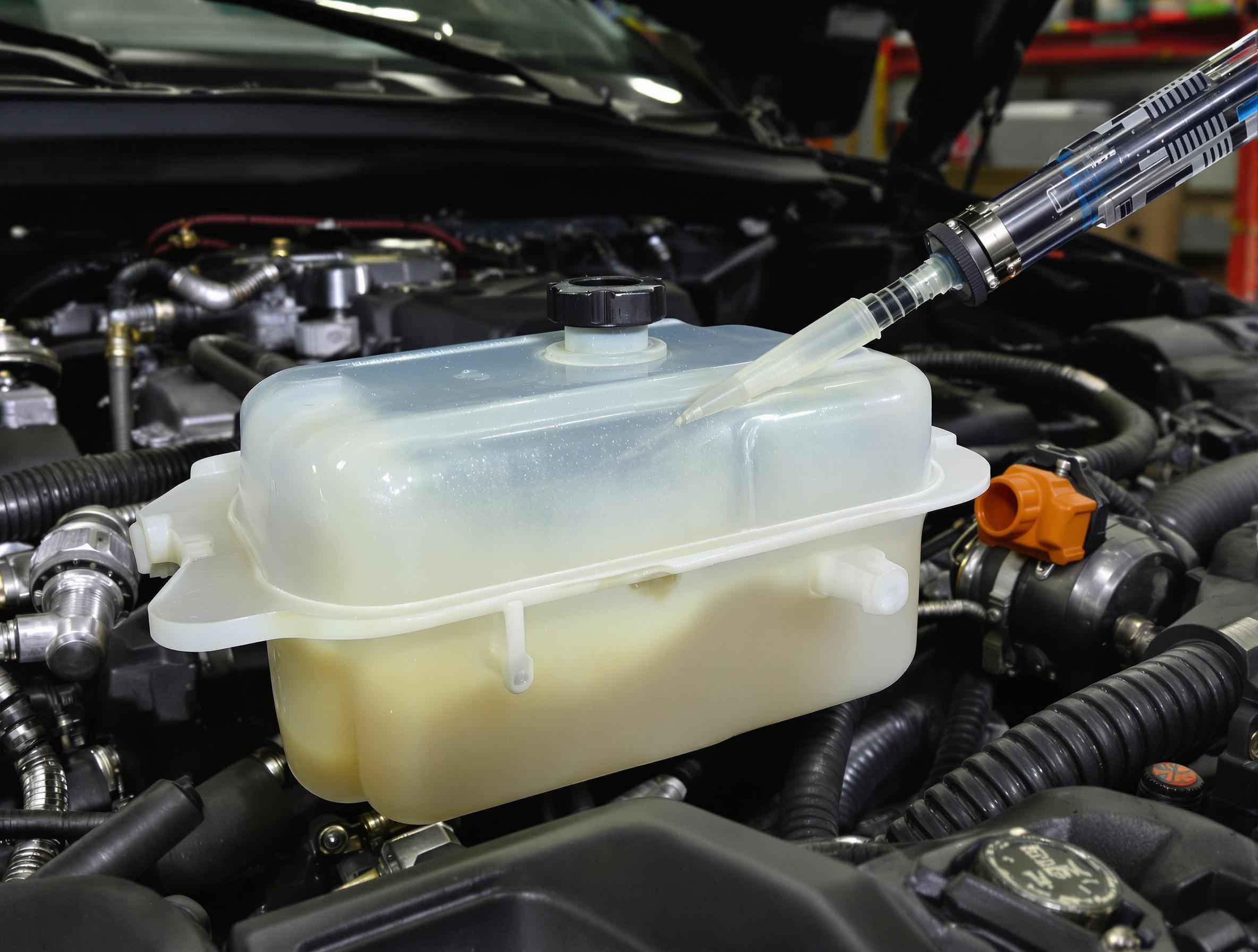 Réservoir de liquide de refroidissement trop plein et outils : seringue, pompe, atelier auto