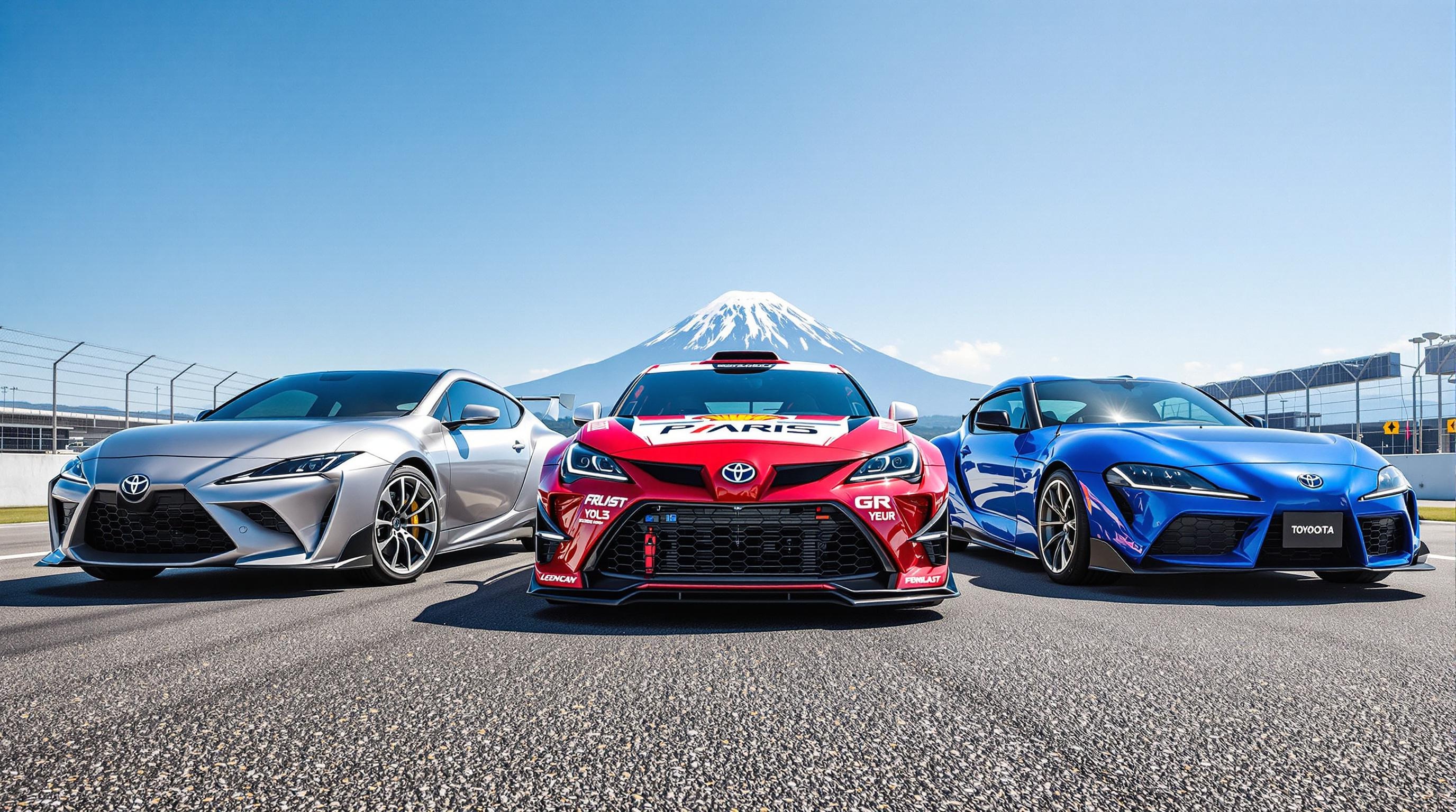 Toyota Prius, GR Yaris et Supra alignées sur un circuit en 2025
