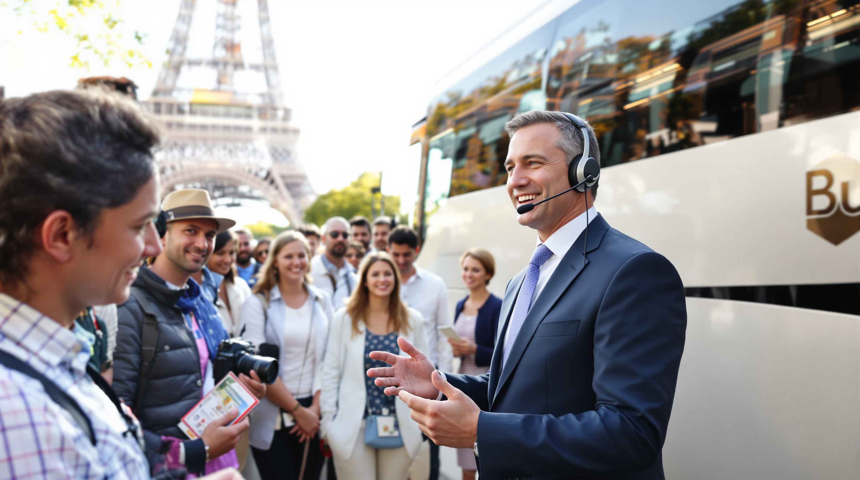 Guide touristique professionnel devant autocar moderne à Paris