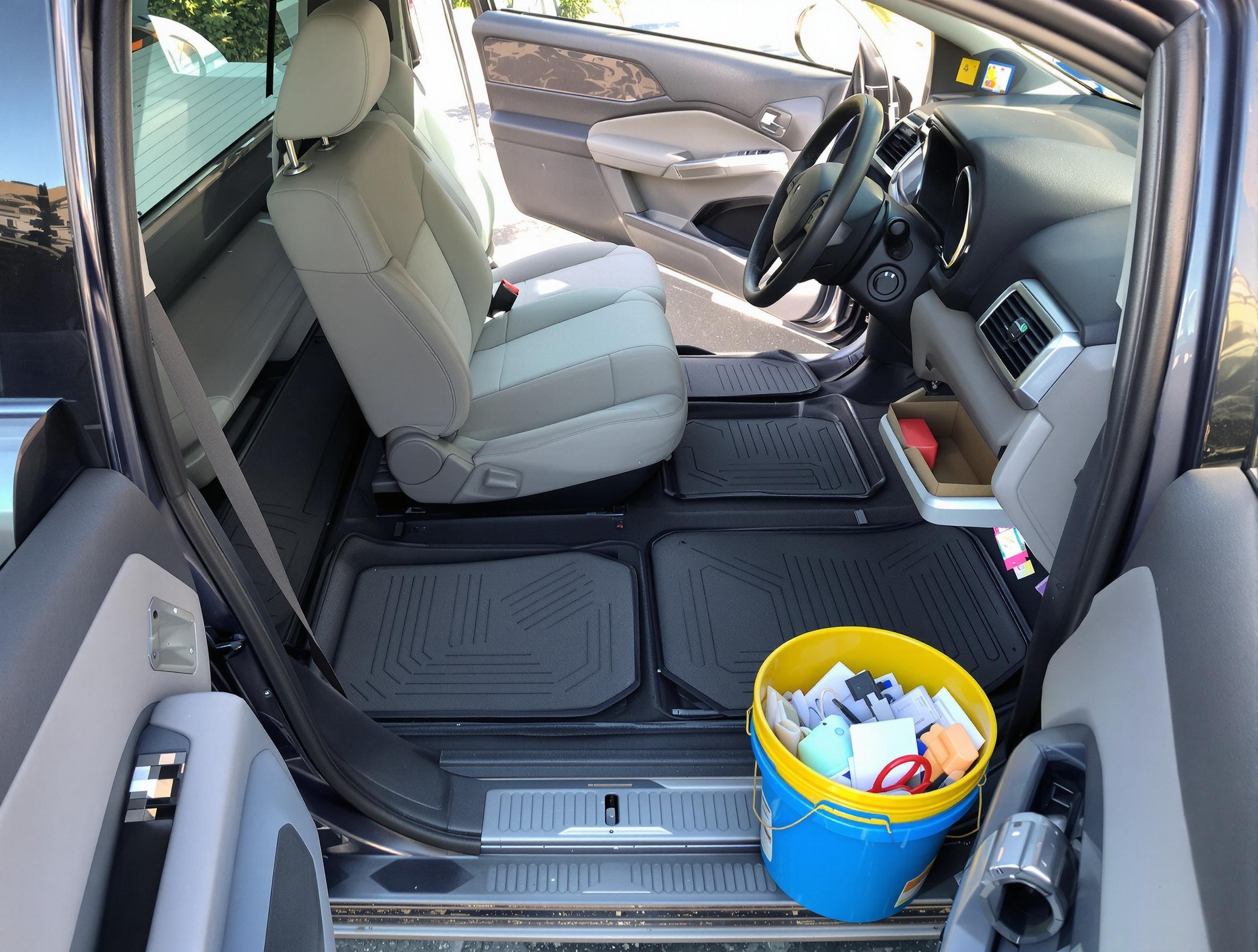 habitacle vidé, tapis dehors, objets dans un seau