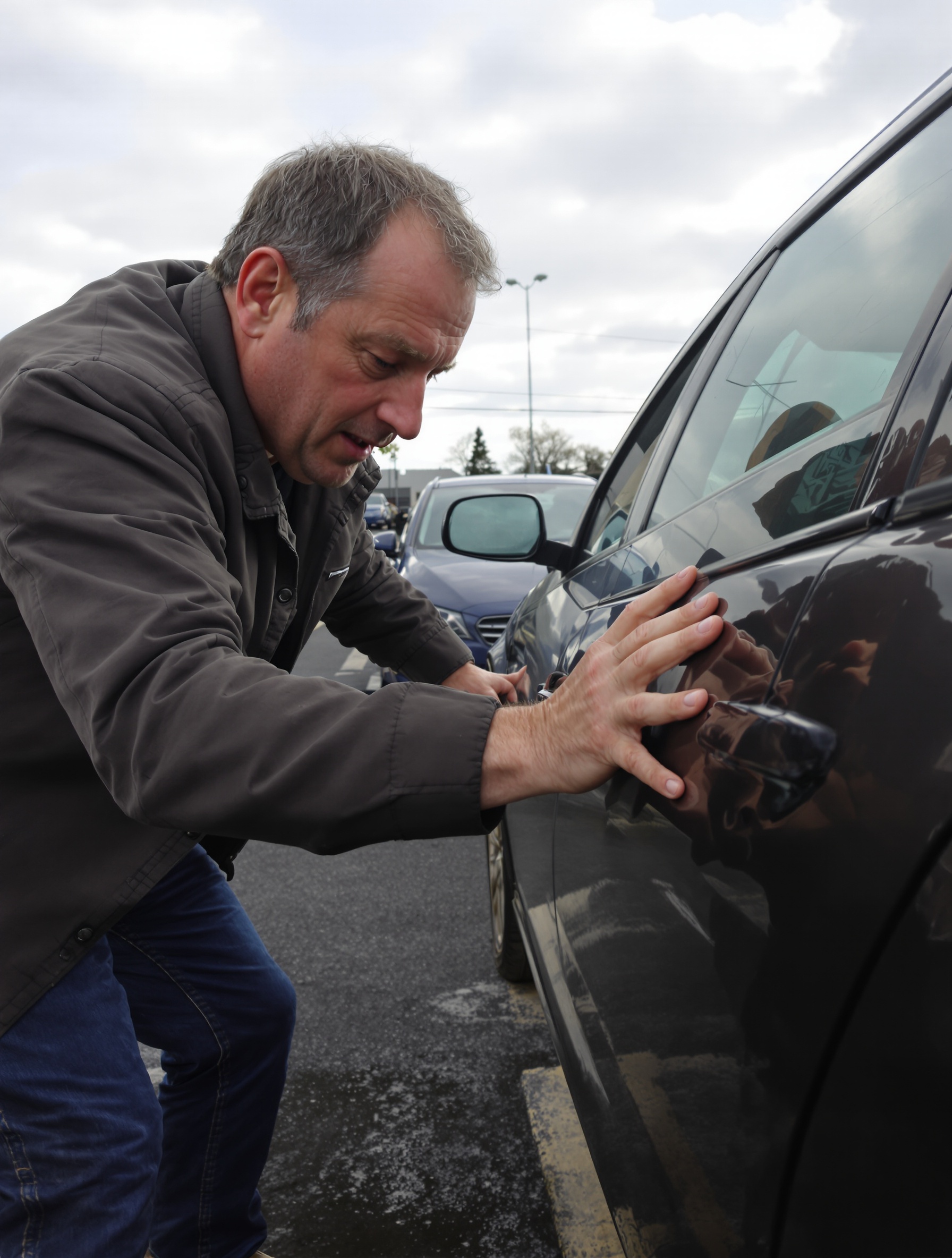 Un passionné inspectant une voiture d'occasion avec minutie.