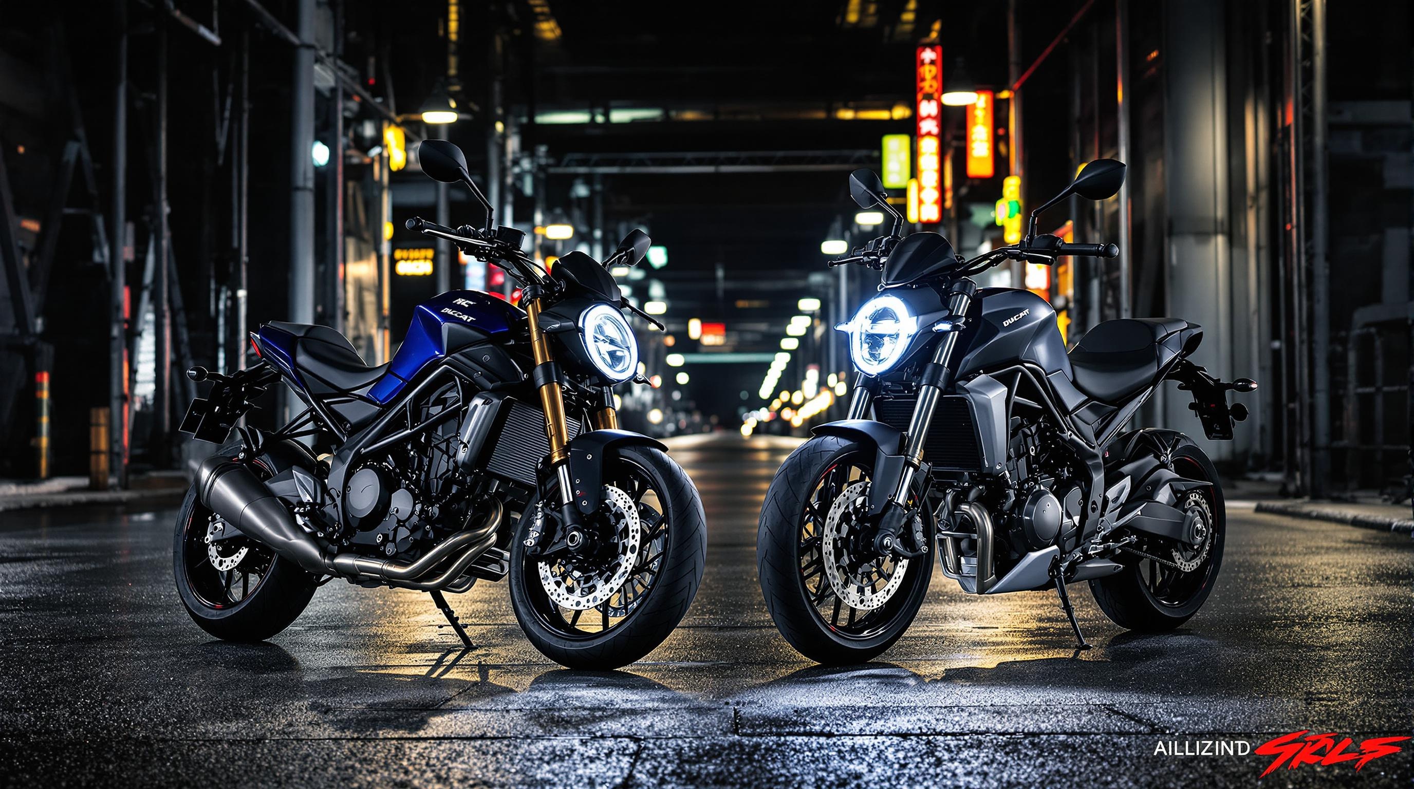Comparatif CB1000R et Ducati Streetfighter V4 dans un design urbain de nuit
