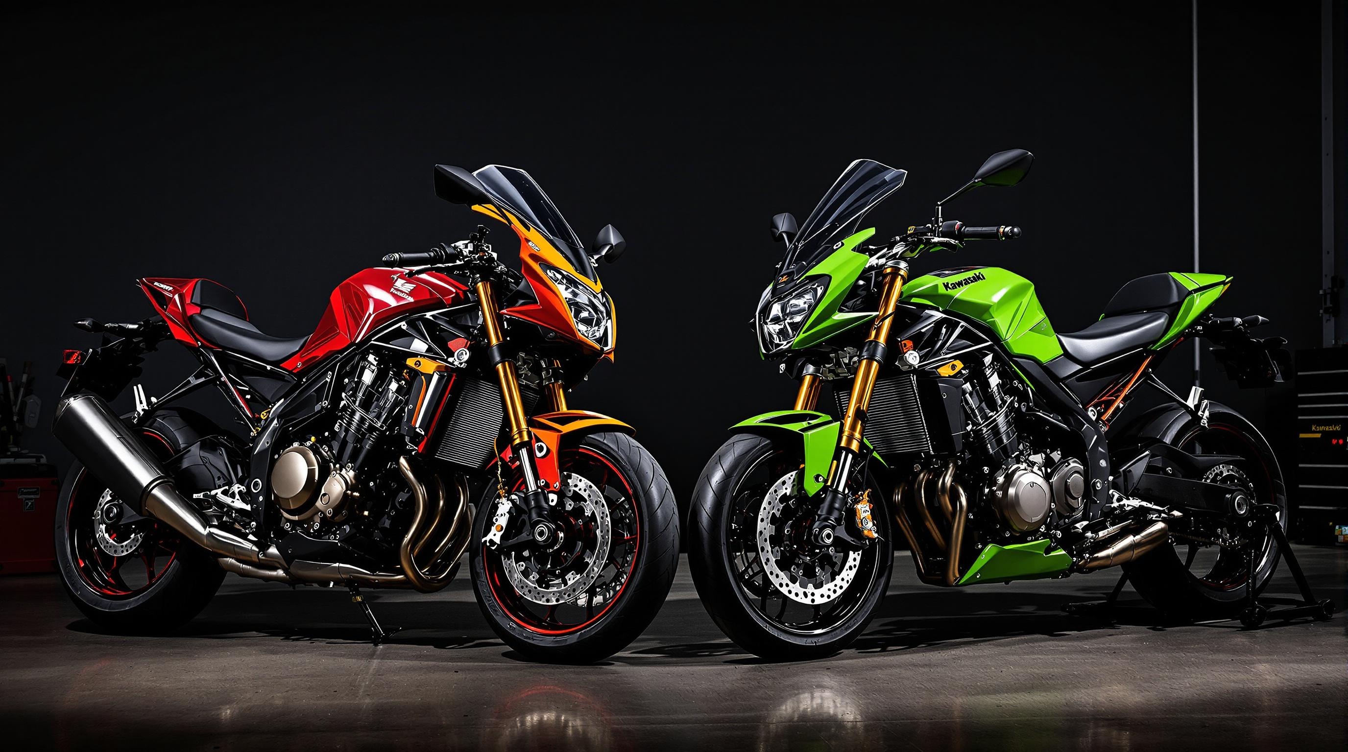 Comparatif Honda CB1000R et Kawasaki Z H2 dans un atelier mécanique