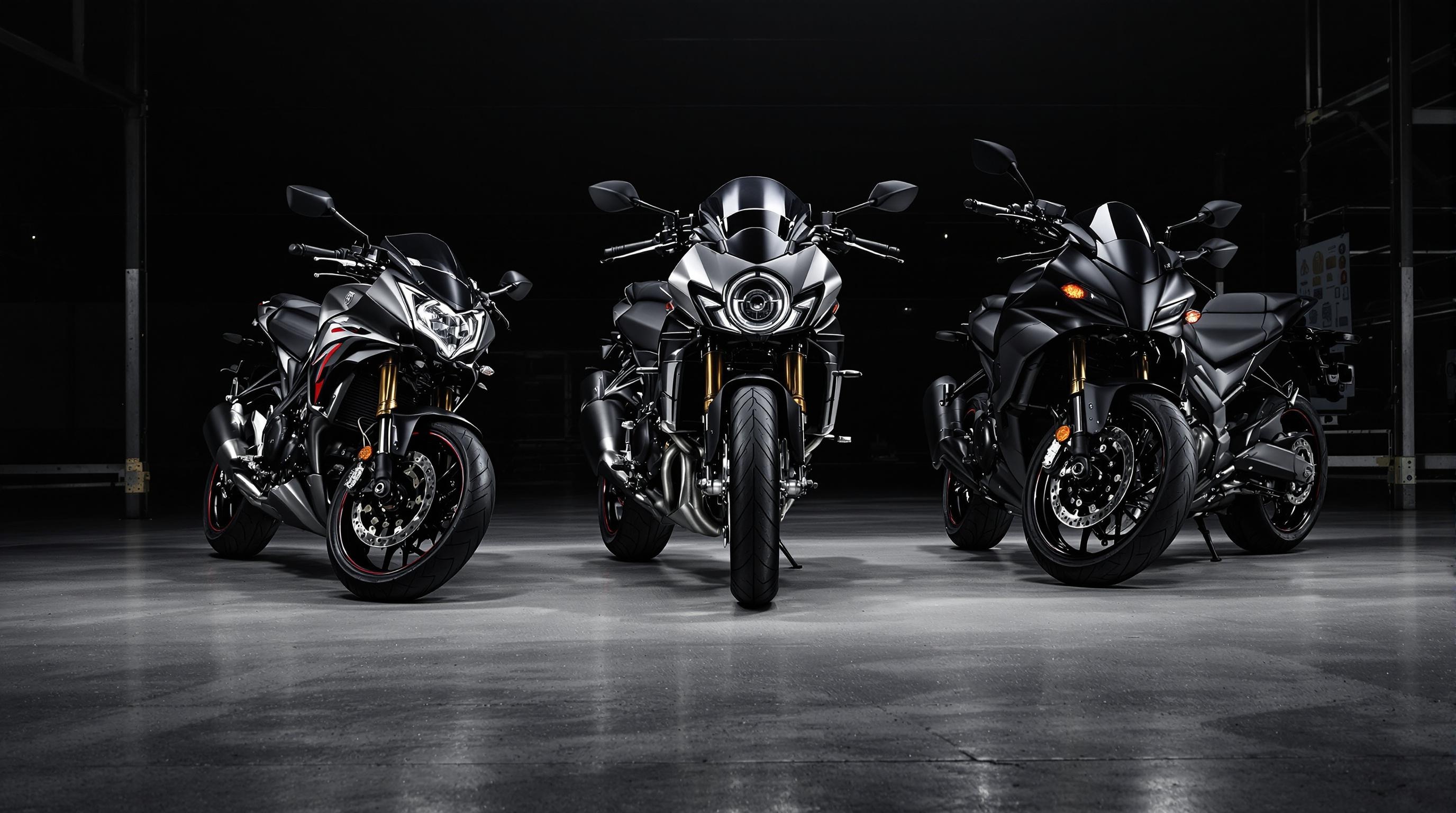 Trois générations de Honda CB1000R alignées dans un atelier au design contemporain