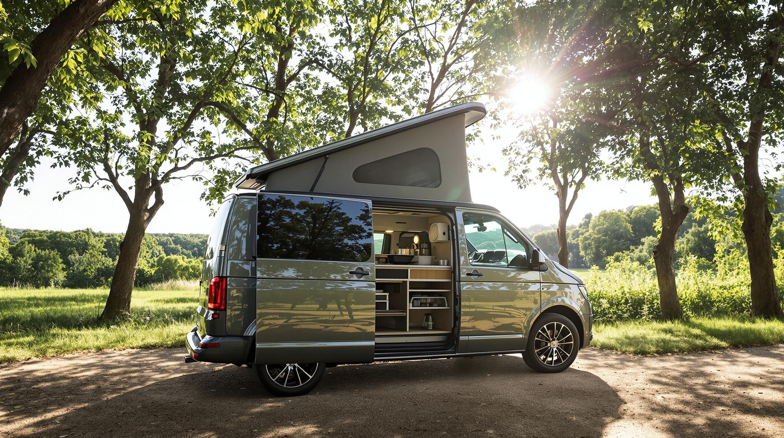Un ID.Buzz aménagé avec un kit camping moderne.