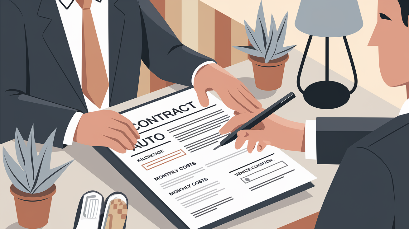 Négociation de contrat de leasing auto illustrée professionnellement.