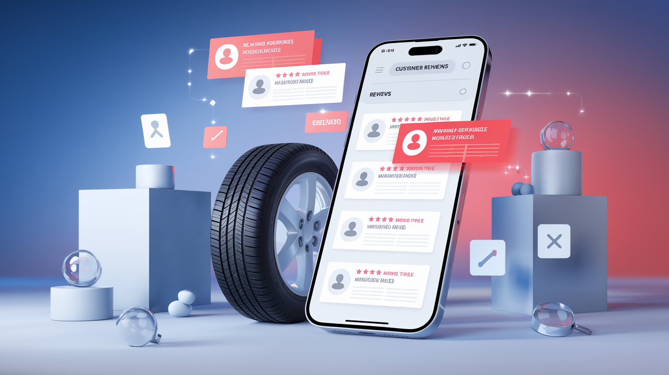 Smartphone fiche produit pneu avec faux avis entourés