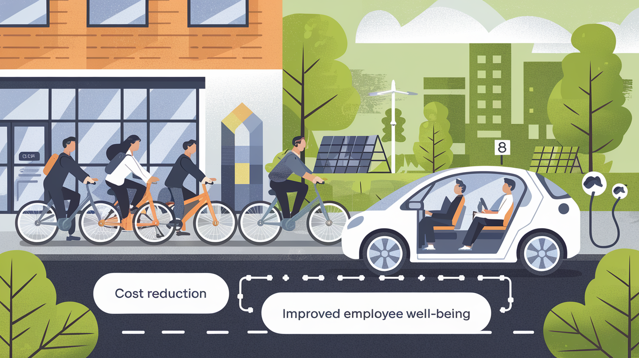 Illustration montrant les bénéfices économiques et sociaux d'une entreprise adoptant des initiatives de mobilité durable.